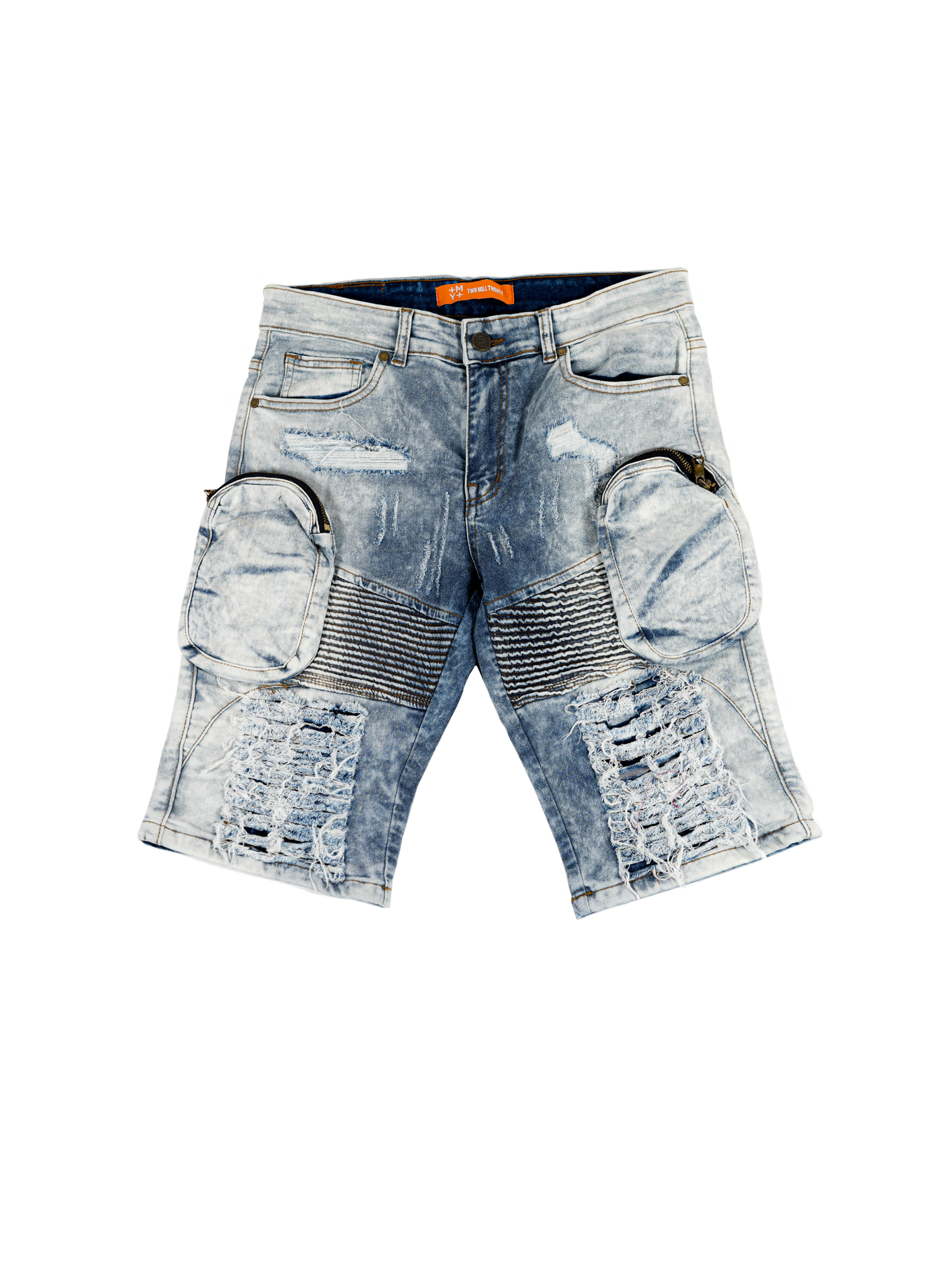 MONROE | Men's Slim Fit Frayed Cutoff Destroyed Ripped Distressed Knee Length Denim Jean Shorts with Cargo Pockets in Blue Acid Wash