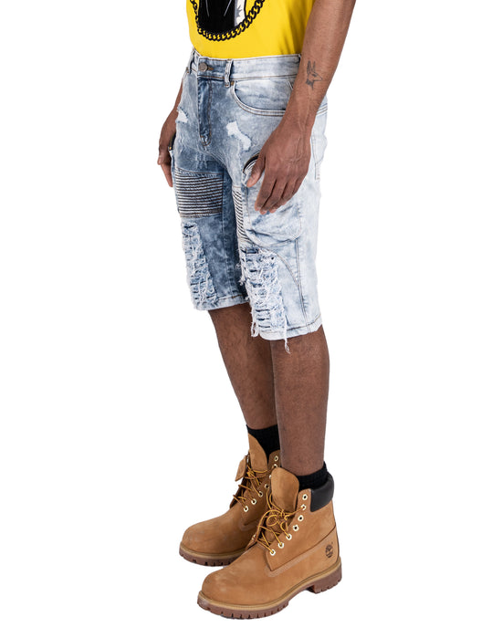 MONROE | Men's Slim Fit Frayed Cutoff Destroyed Ripped Distressed Knee Length Denim Jean Shorts with Cargo Pockets in Blue Acid Wash
