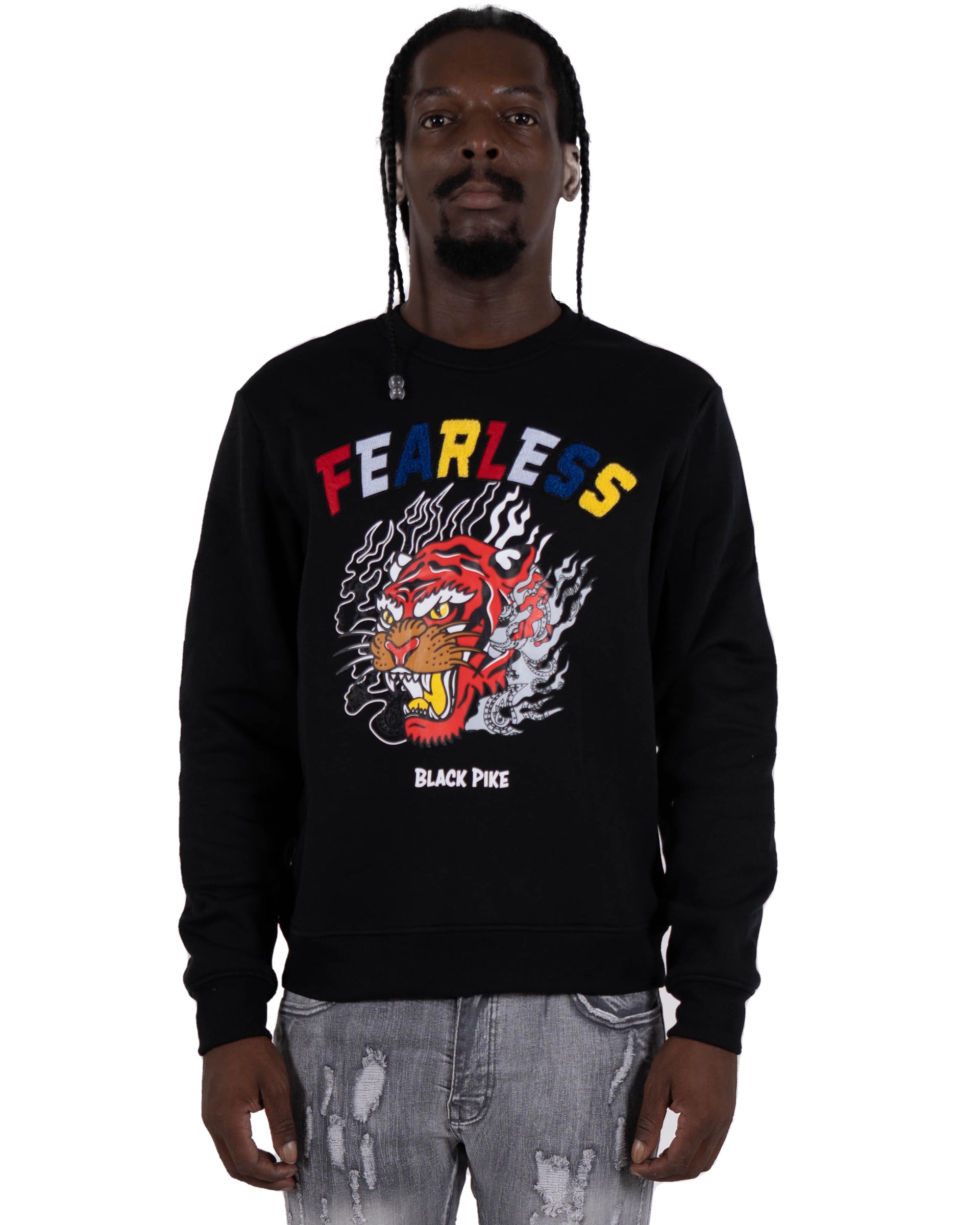 Men's "Fearless" Tiger Graphic Multi Texture Sweatshirt | Black