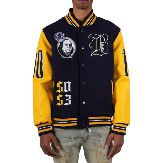 Men's "Blessed Money" Varsity Bomber Jacket | Navy