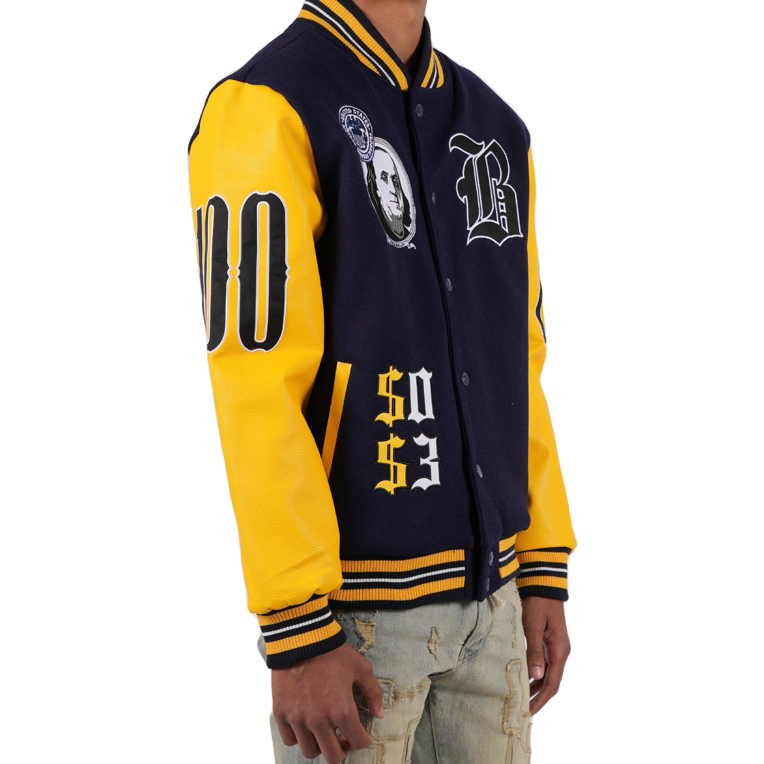 Buy Standard Issue Embroidered Tonal Eagle Souvenir Bomber Varsity Jacket -  Navy/Gold at