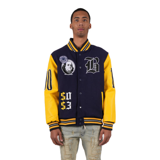 Men's "Blessed Money" Varsity Bomber Jacket | Navy