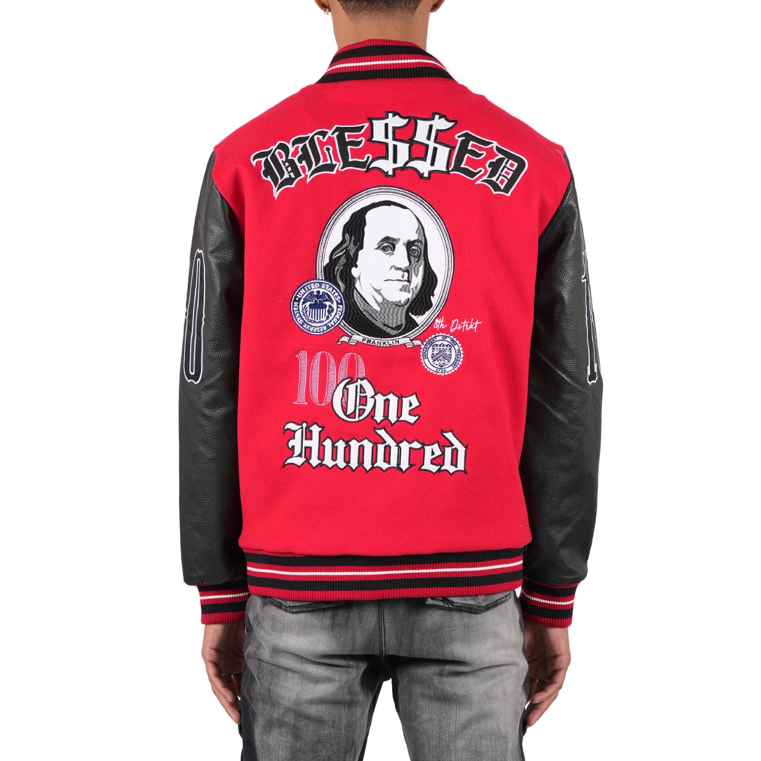 Men's "Blessed Money" Varsity Bomber Jacket | Red