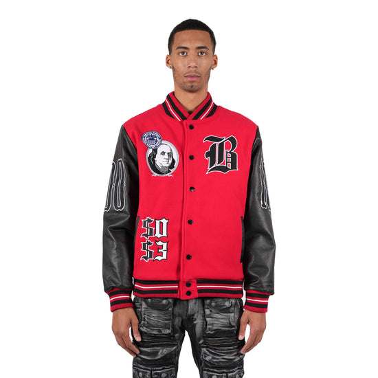 Men's "Blessed Money" Varsity Bomber Jacket | Red