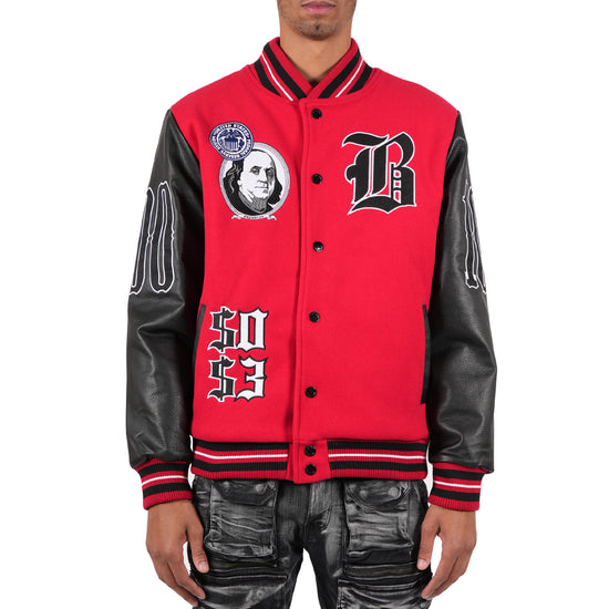 Men's "Blessed Money" Varsity Bomber Jacket | Red