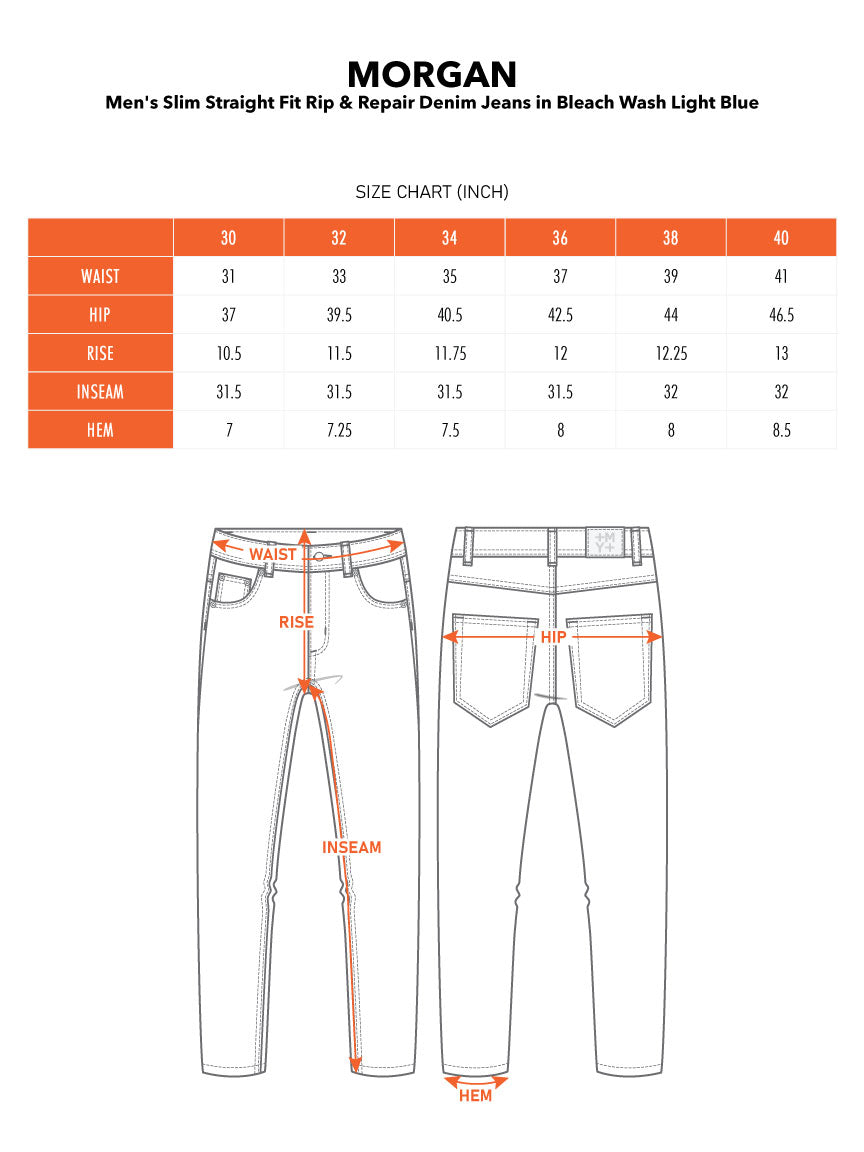 MORGAN | Men's Slim Straight Fit Rip & Repair Denim Jeans in Bleach Wash Light Blue