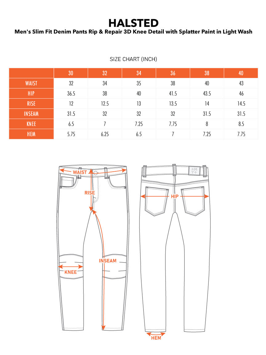 HALSTED | Men's Slim Fit Denim Pants Rip & Repair 3D Knee Detail with Splatter Paint in Light Wash