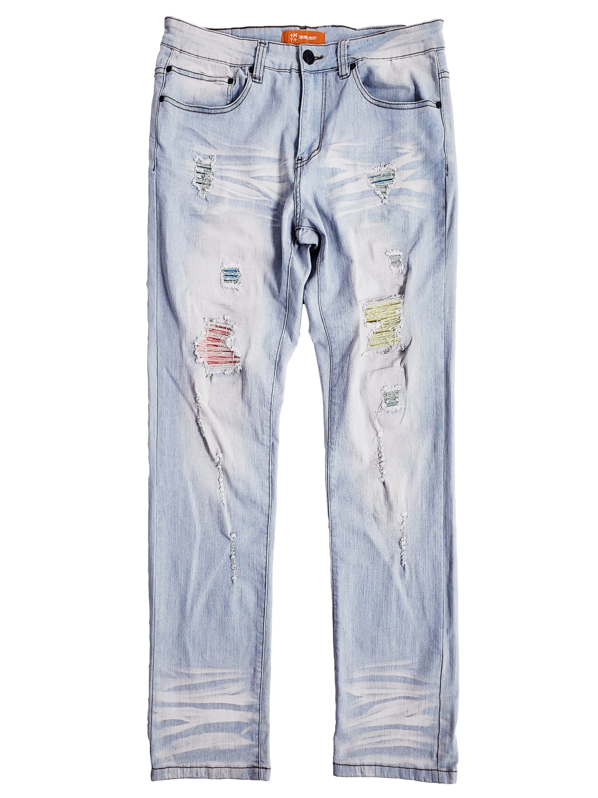 MORGAN | Men's Slim Straight Fit Rip & Repair Denim Jeans in Bleach Wash Light Blue