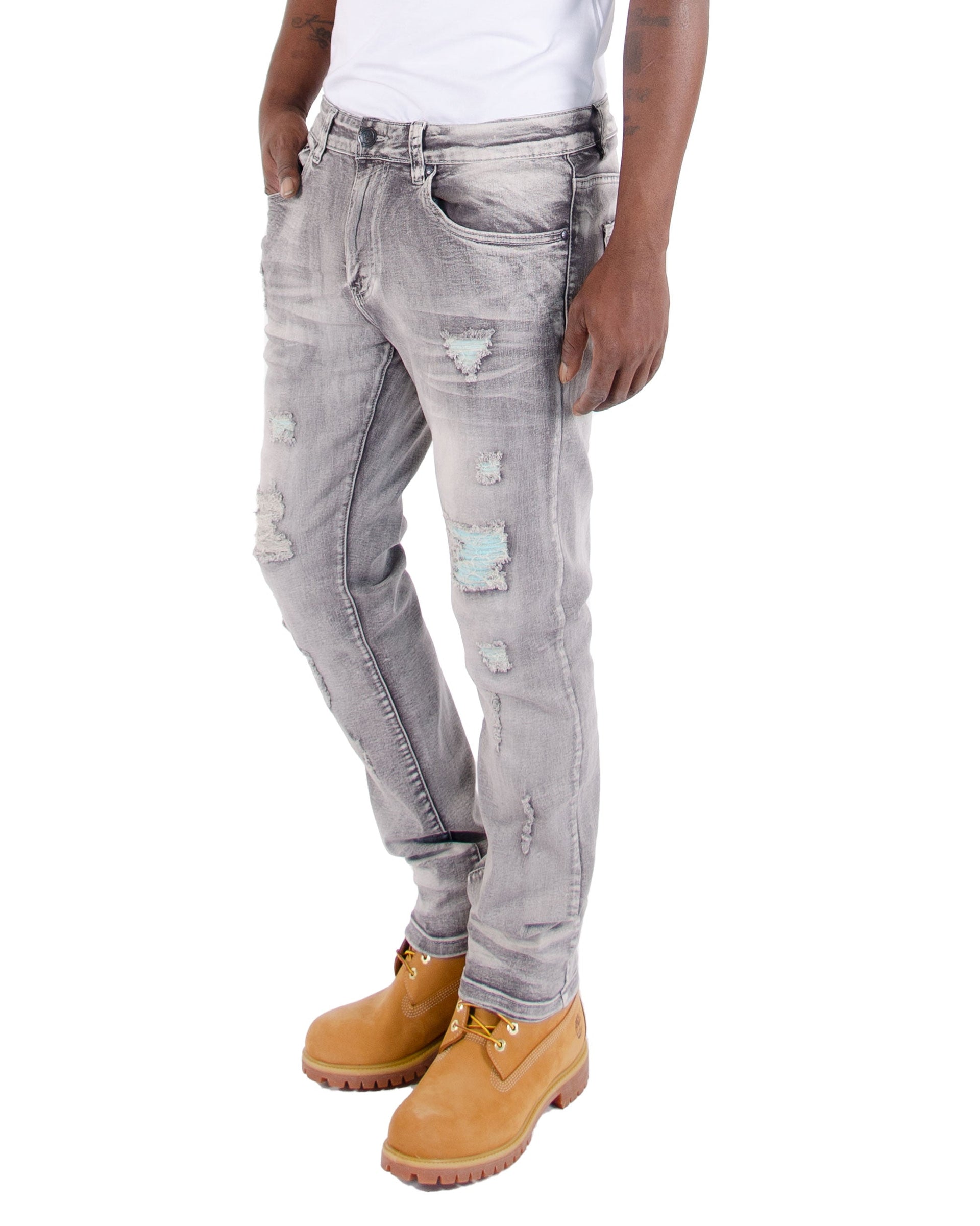 UNION | Men's Slim Straight Distressed Rip & Repair Denim Jeans in Asphalt Grey Acid Wash