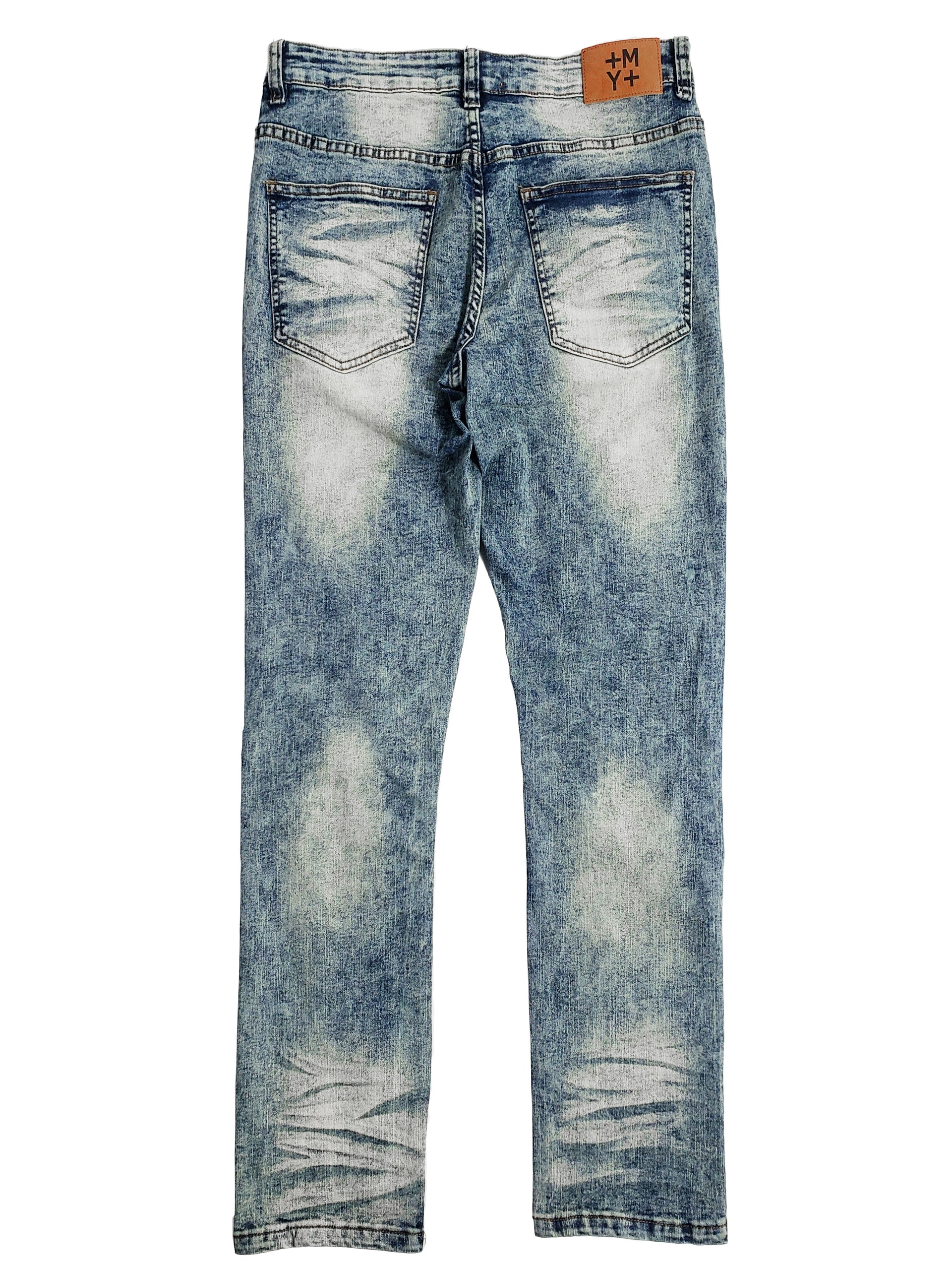 QUINCY | Men's Slim Straight Distressed Rip & Repair Denim Jeans in Vintage Blue Acid Wash