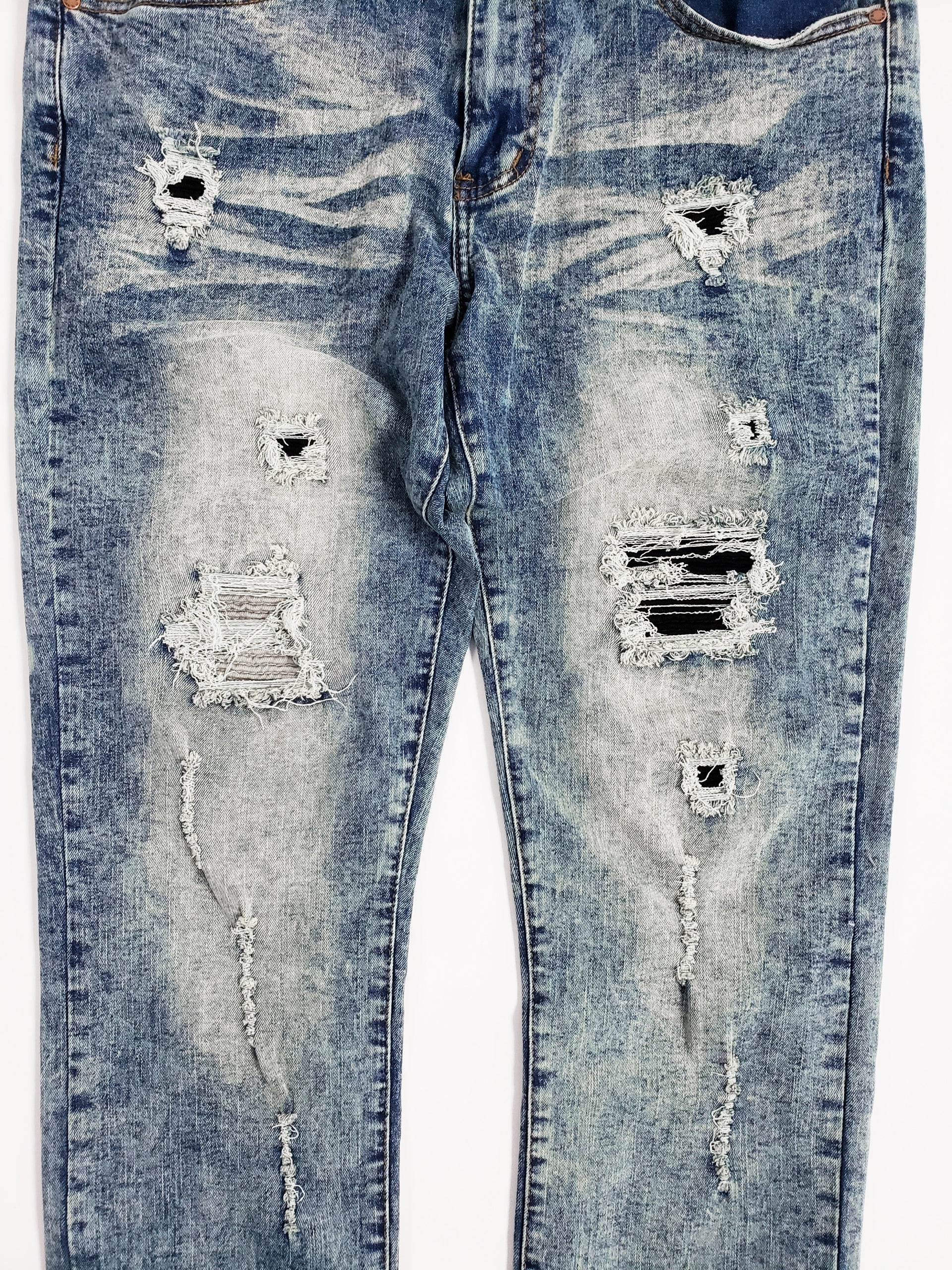 QUINCY | Men's Slim Straight Distressed Rip & Repair Denim Jeans in Vintage Blue Acid Wash