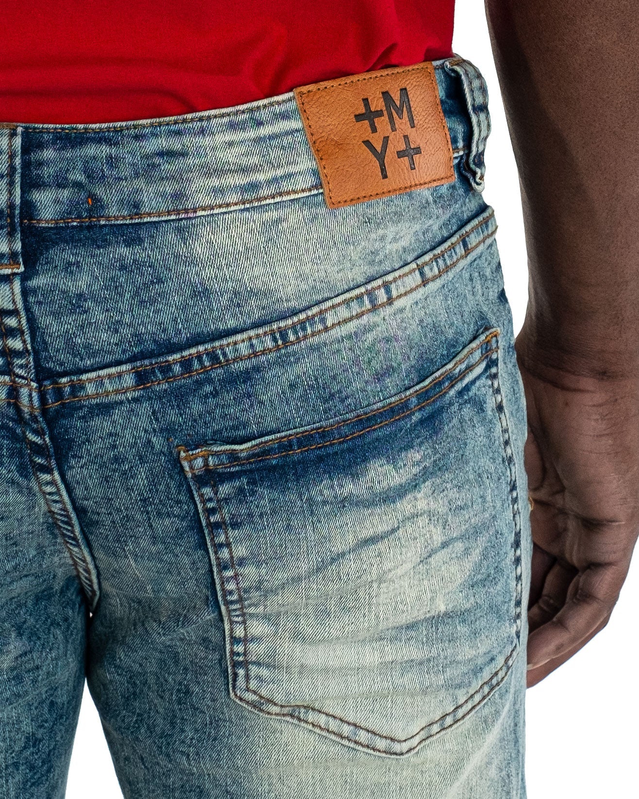 QUINCY | Men's Slim Straight Distressed Rip & Repair Denim Jeans in Vintage Blue Acid Wash