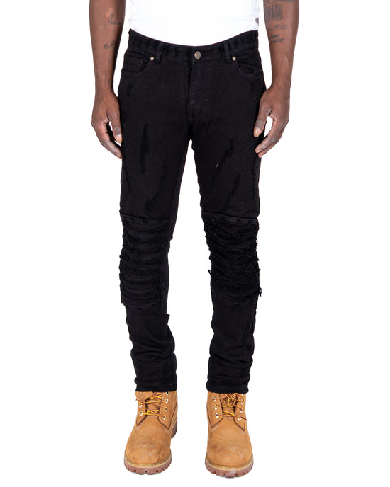 RANDOLPH | Men's Slim Skinny Shredded Rip & Repair Denim Jeans in Jet Black