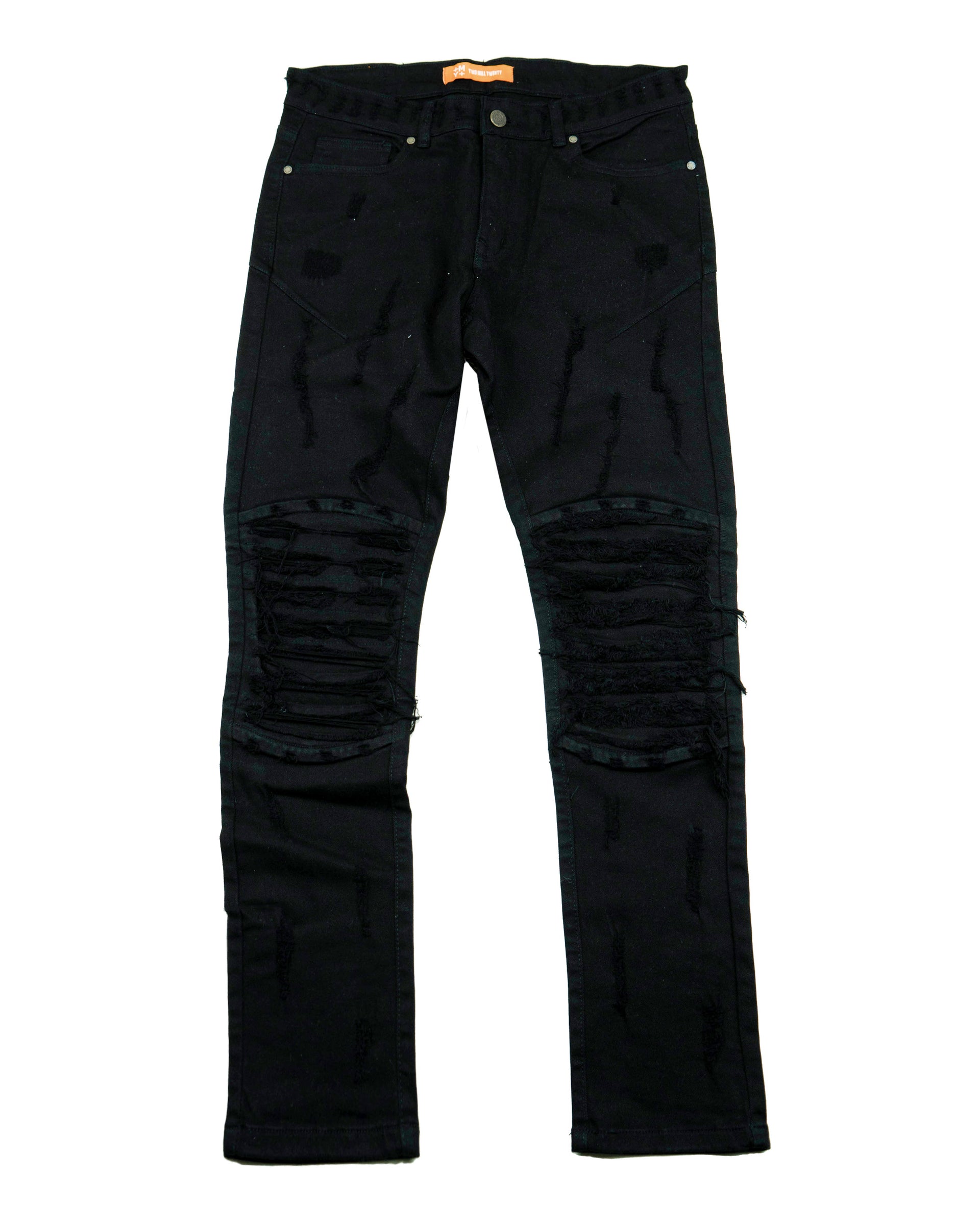 RANDOLPH | Men's Slim Skinny Shredded Rip & Repair Denim Jeans in Jet Black