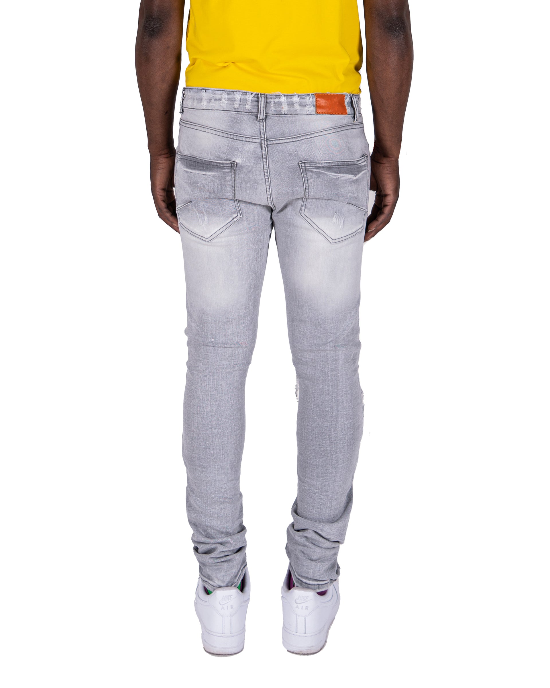 RANDOLPH | Men's Slim Skinny Shredded Rip & Repair Denim Jeans in Light Grey