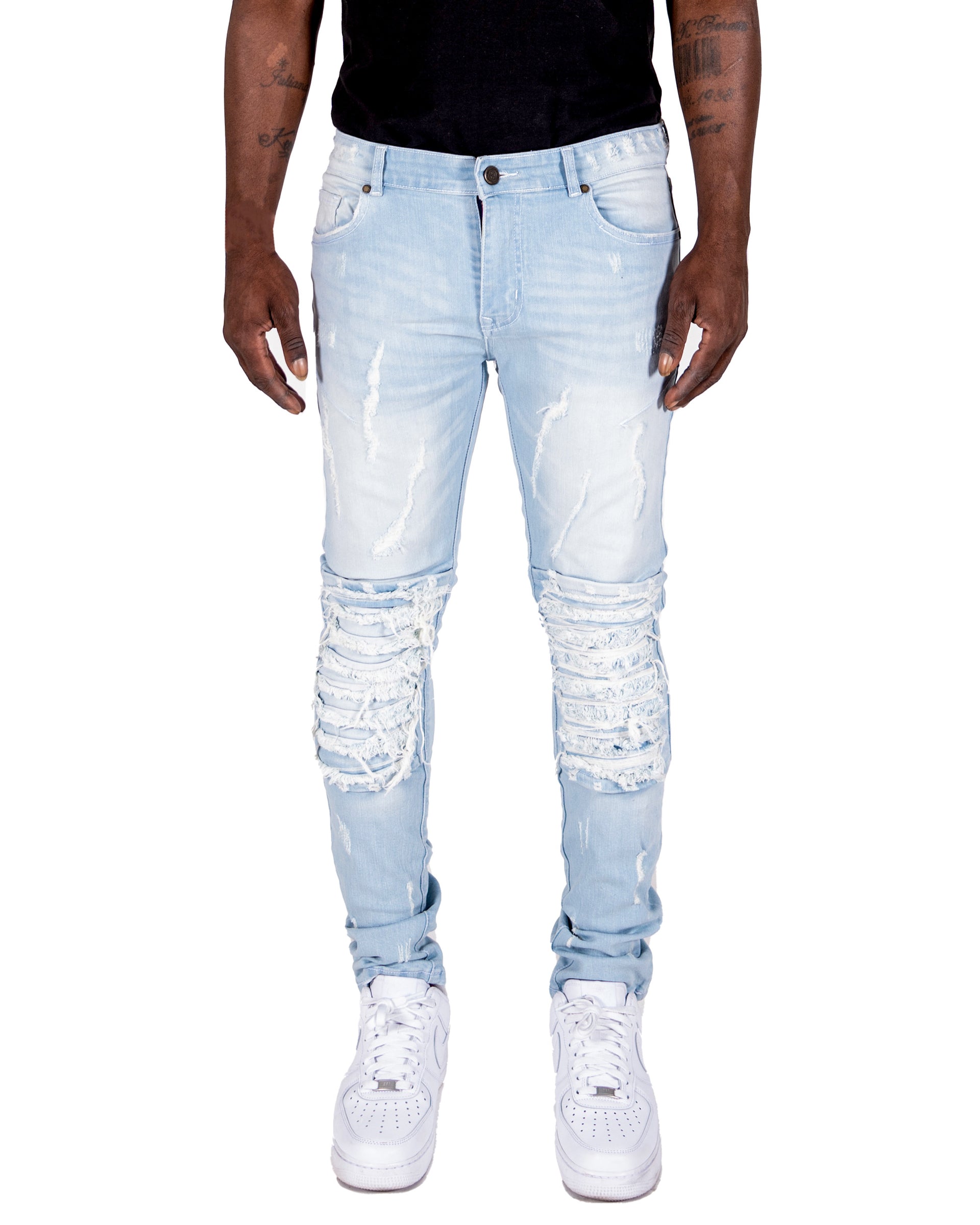 RANDOLPH | Men's Slim Skinny Shredded Rip & Repair Denim Jeans in Light Wash