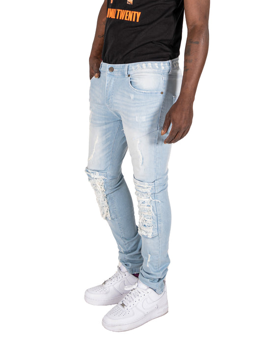 RANDOLPH | Men's Slim Skinny Shredded Rip & Repair Denim Jeans in Light Wash