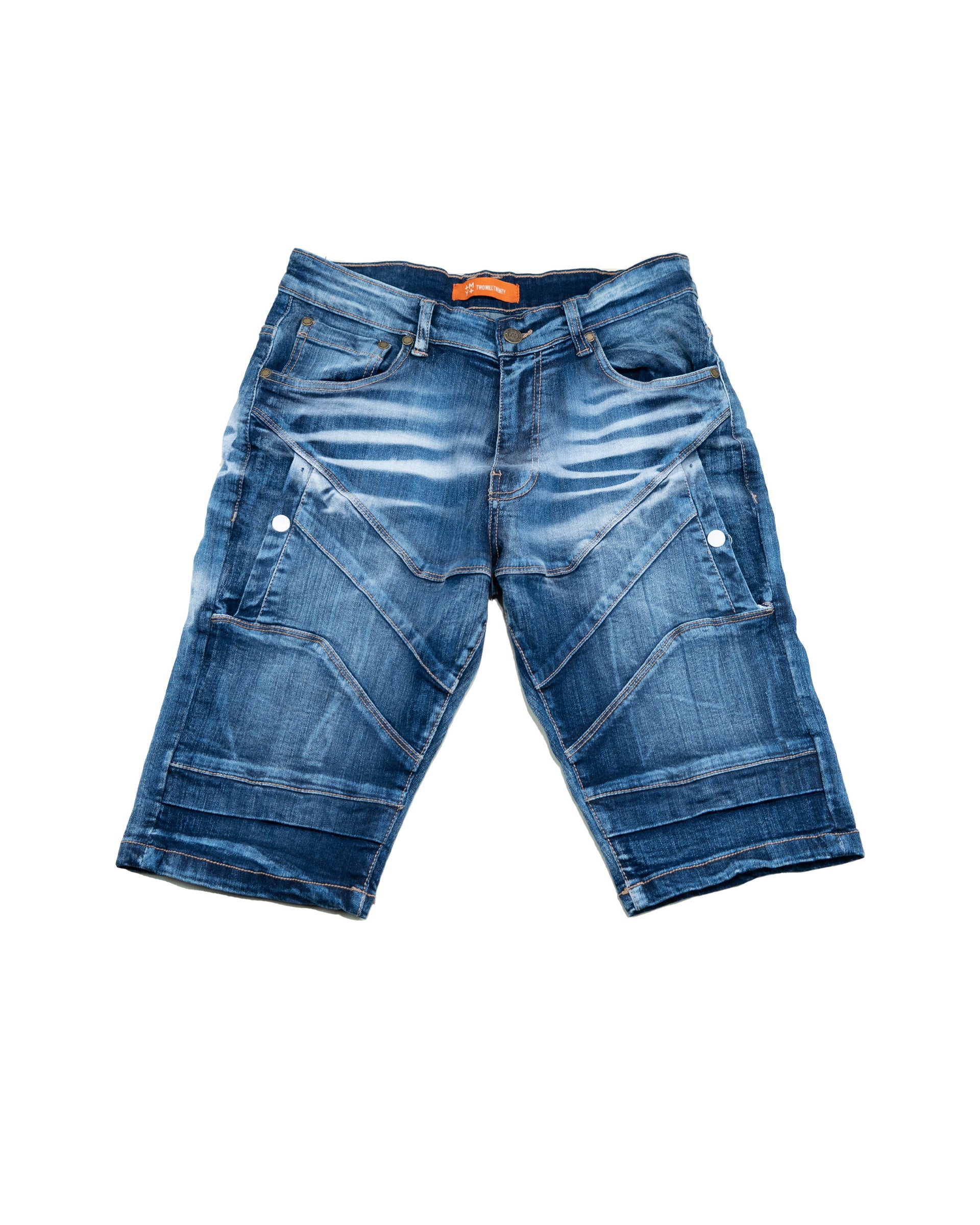 HARRISON | Men's Classic Fit Carpenter Style Distressed Denim Jean Shorts in Blue Ink Stain