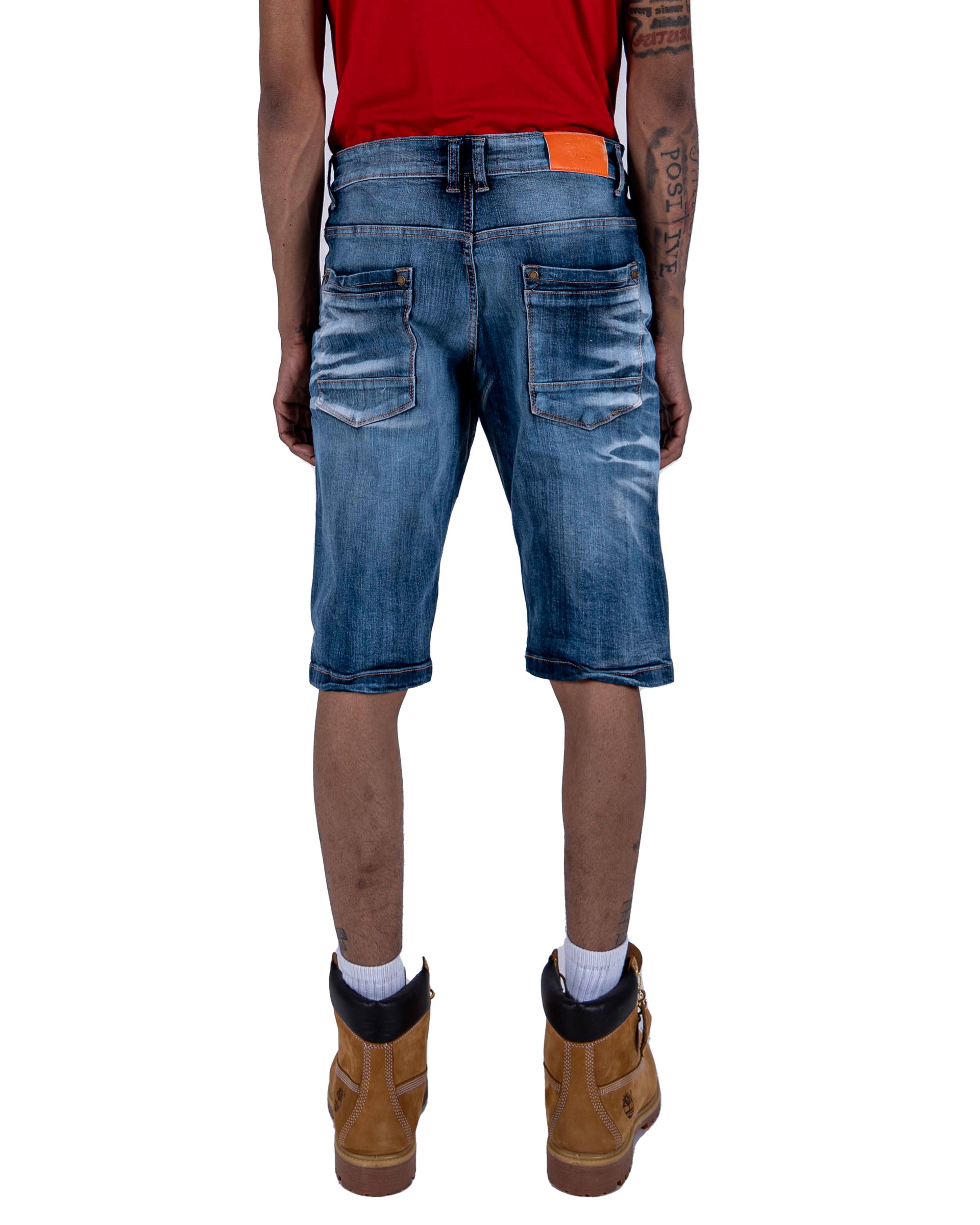 HARRISON | Men's Classic Fit Carpenter Style Distressed Denim Jean Shorts in Blue Ink Stain
