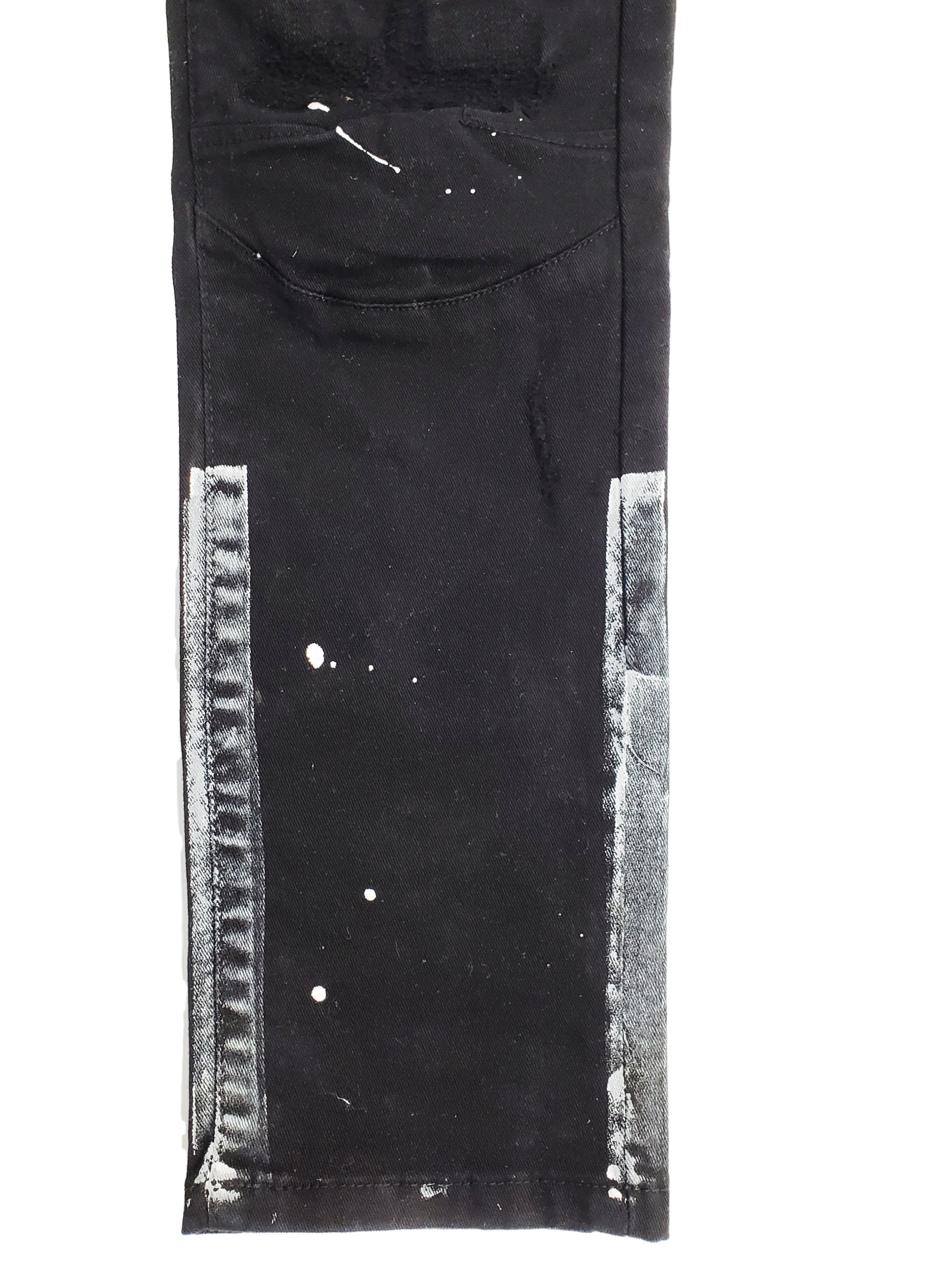 DAMEN | Men's Slim Fit Denim Pants Rip & Repair 3D Knee Detail with Splatter Paint in Jet Black