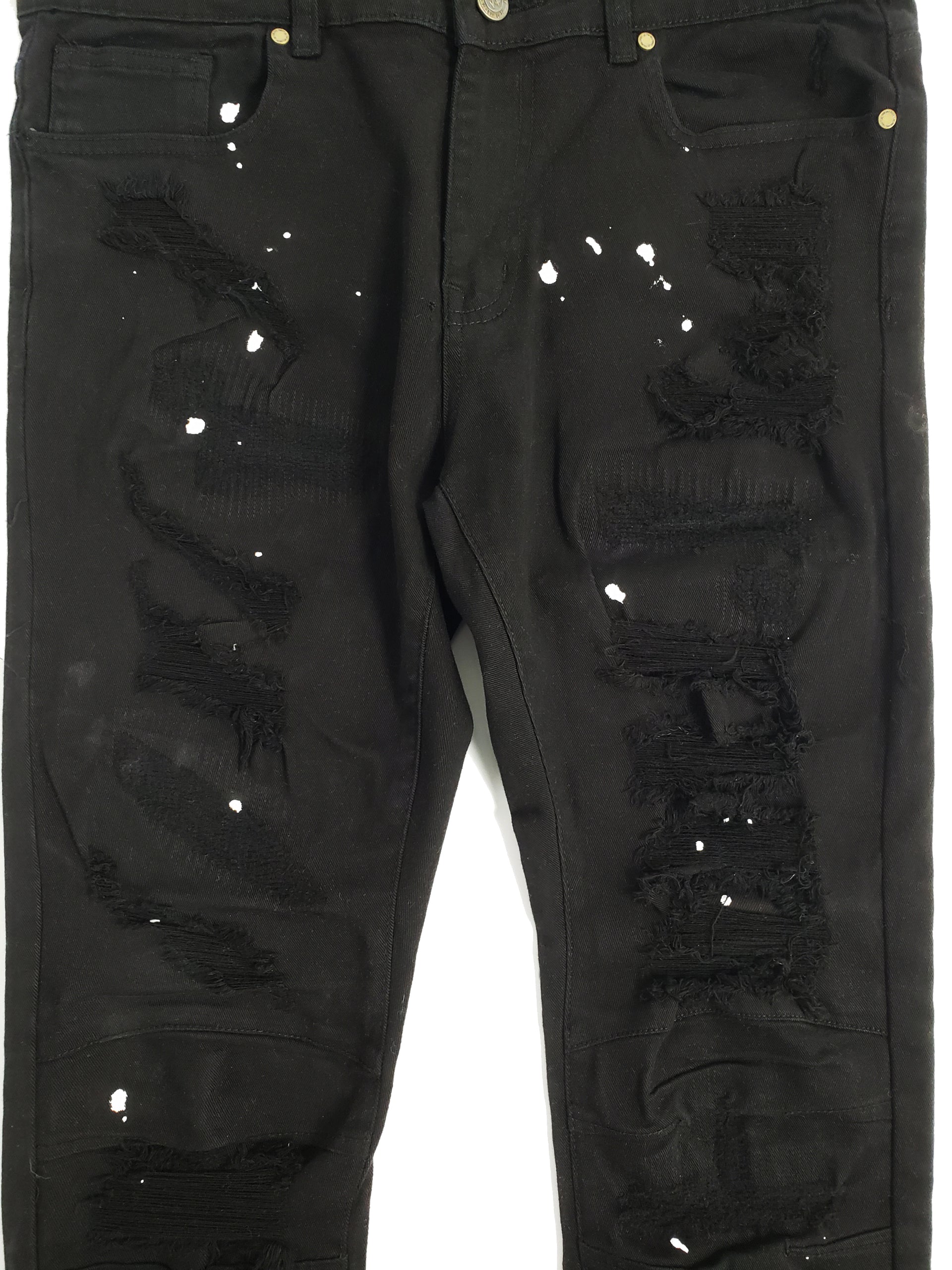 DAMEN | Men's Slim Fit Denim Pants Rip & Repair 3D Knee Detail with Splatter Paint in Jet Black