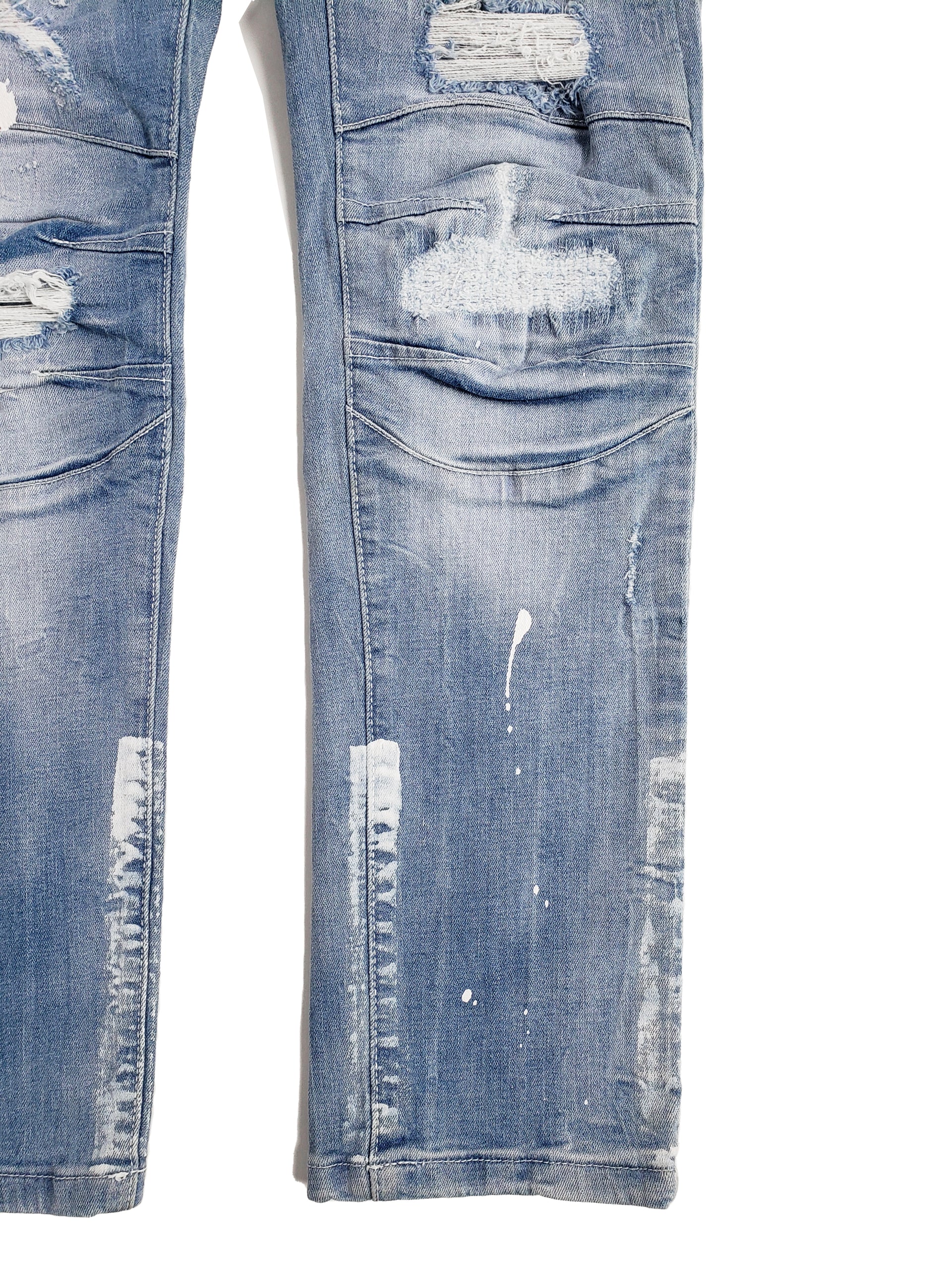 HALSTED | Men's Slim Fit Denim Pants Rip & Repair 3D Knee Detail with Splatter Paint in Light Wash