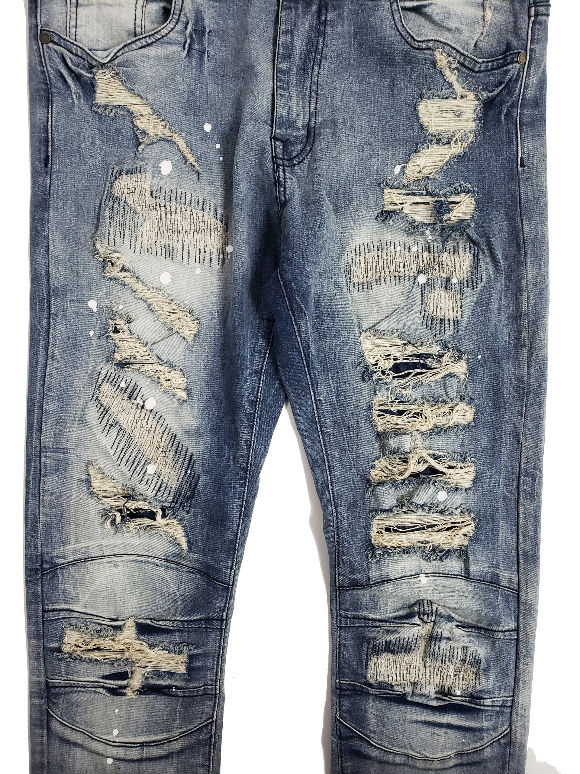 DIVISION | Men's Slim Fit Denim Pants Rip & Repair 3D Knee Detail with Splatter Paint in Vintage Dark Wash