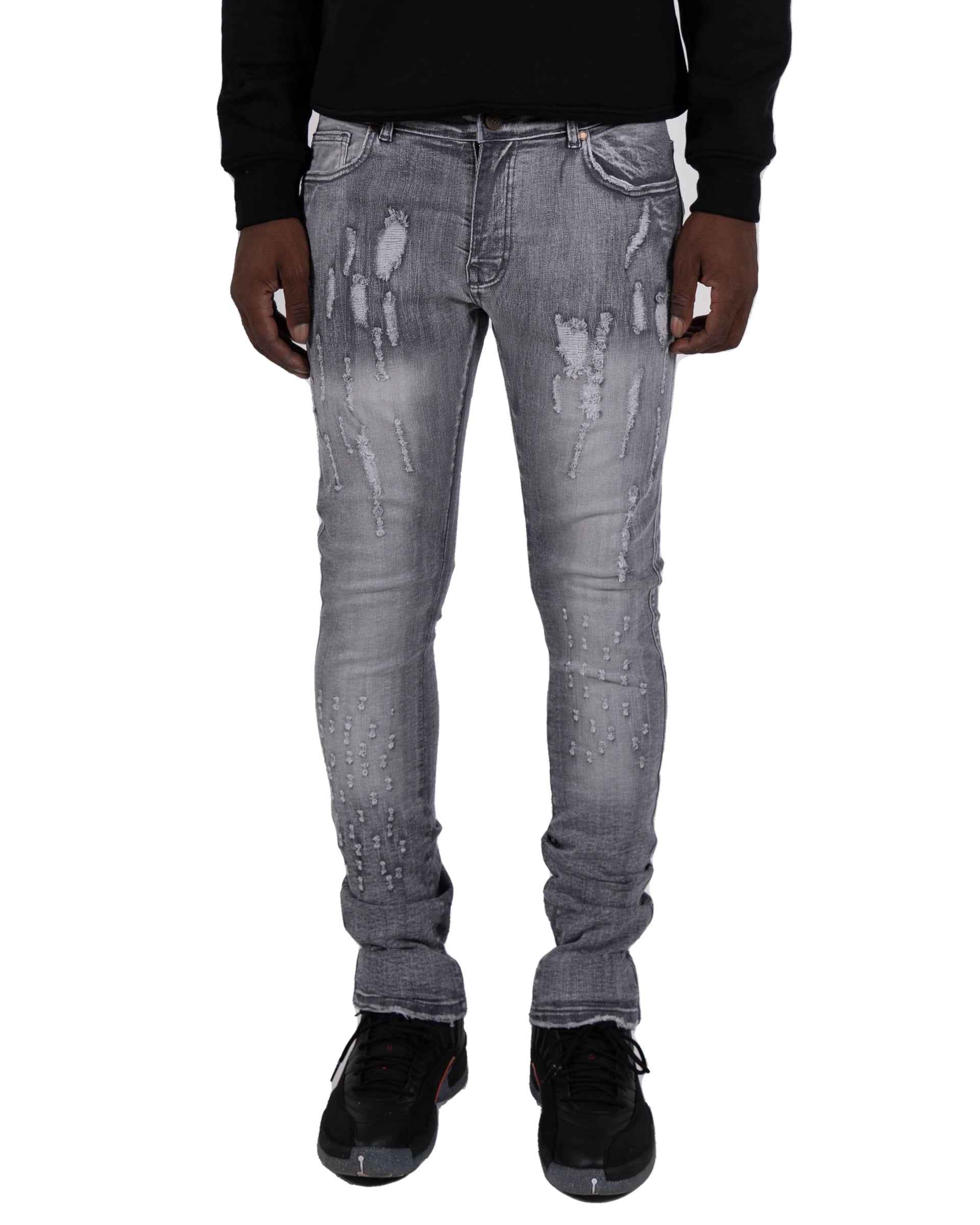 ARMITAGE | Slim Skinny Scratched Frosted Acid Wash Urban Streetstyle Designer Denim Jeans in Grey Frost