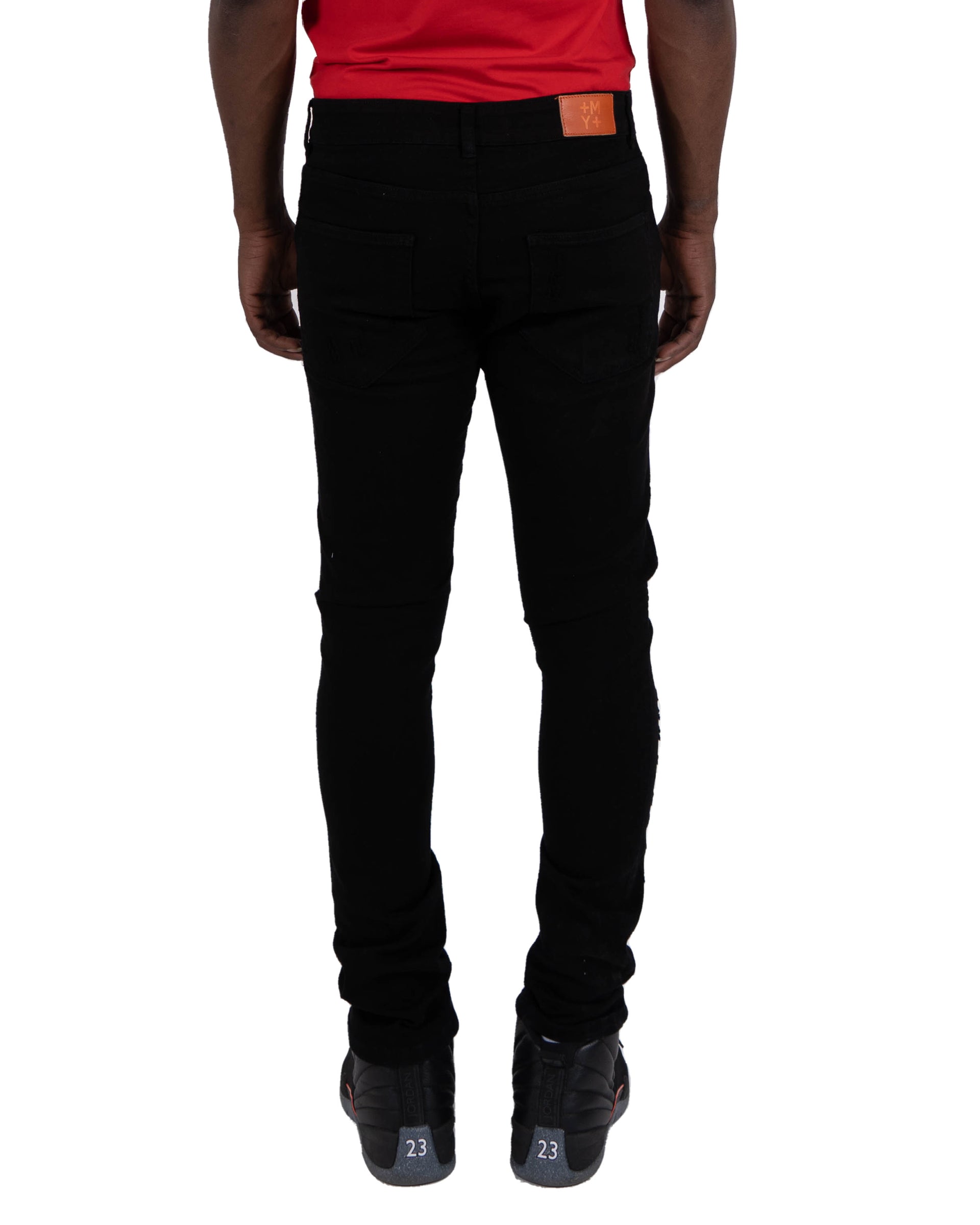 ELSTON | Slim Skinny Scratched Stitch Repaired Urban Streetwear Designer Fashion Denim Jeans in Black