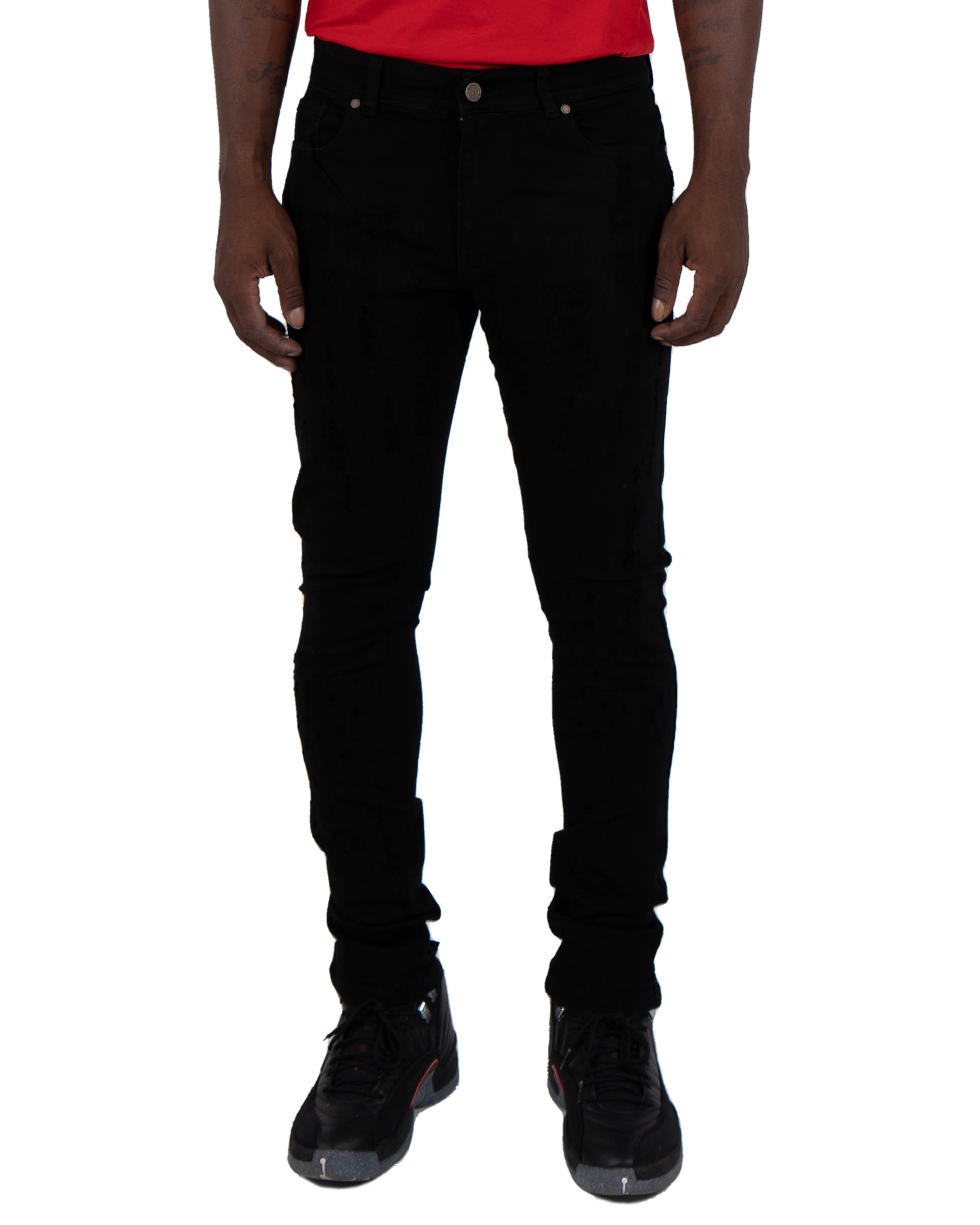 ELSTON | Slim Skinny Scratched Stitch Repaired Urban Streetwear Designer Fashion Denim Jeans in Black