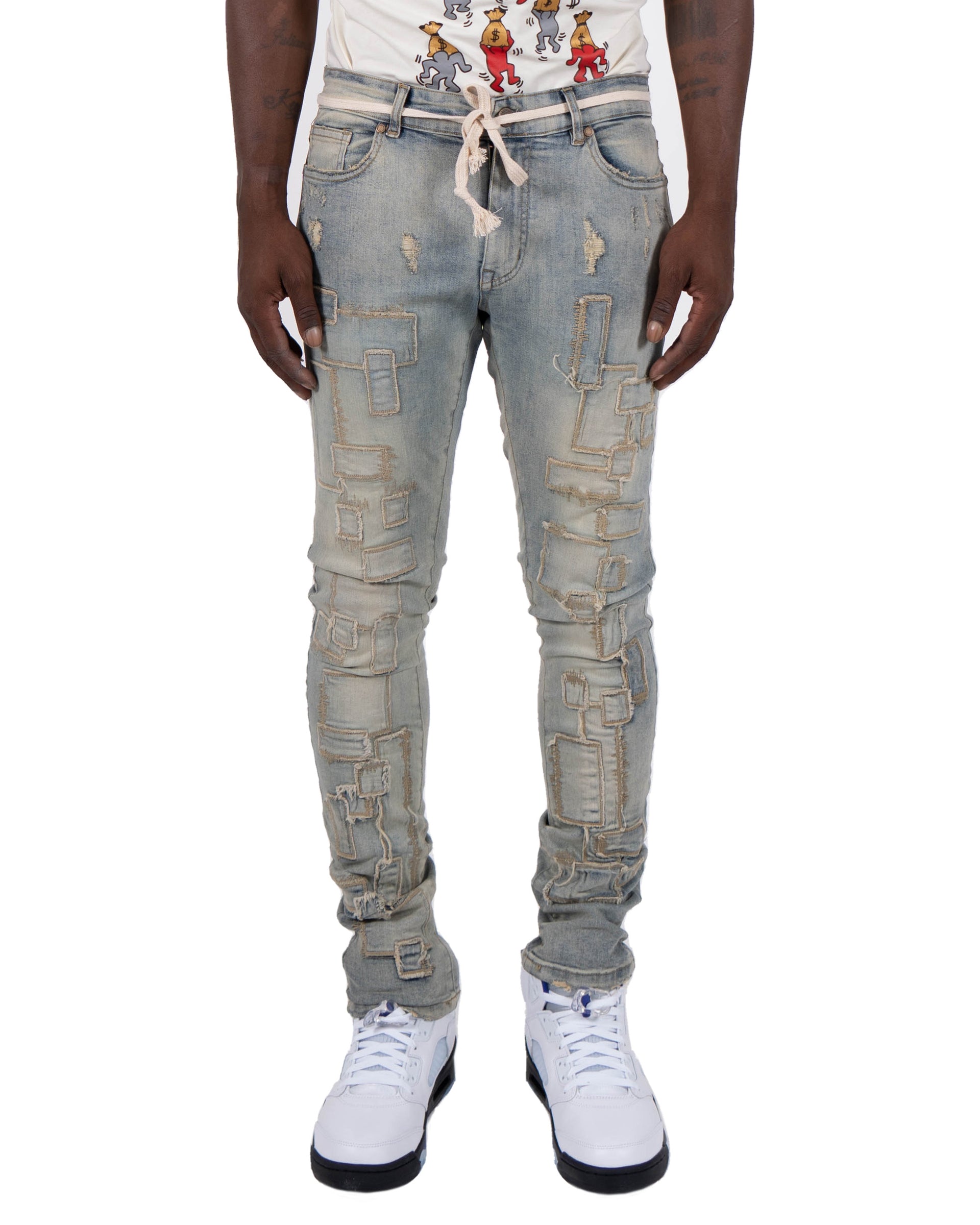 MCCORMICK | Slim Skinny Geometric Patchwork Distressed Denim Urban Fashion Jeans in Vintage Wash