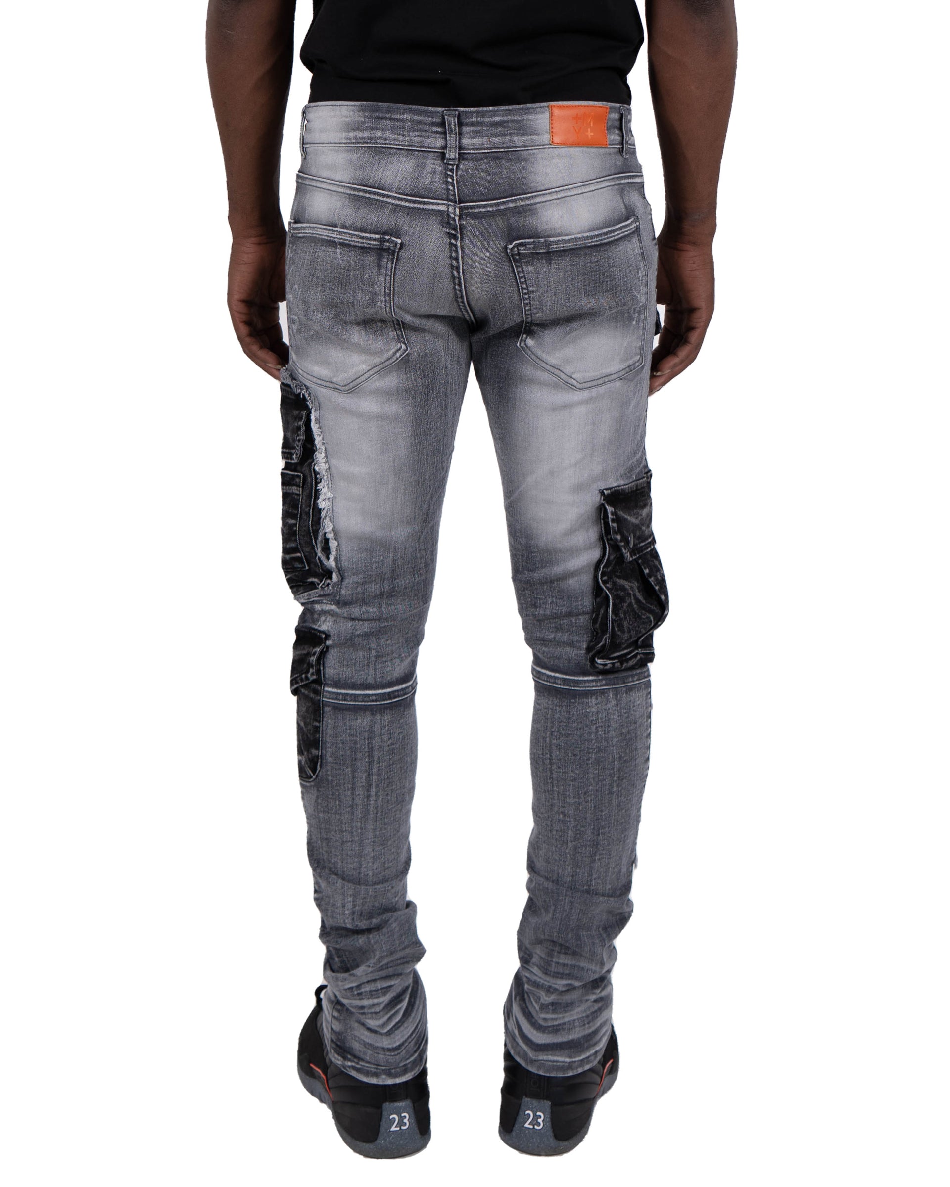 WINCHESTER | Slim Skinny Acid Wash Cargo Pocket Urban Streetwear Designer Denim Jeans in Grey Acid