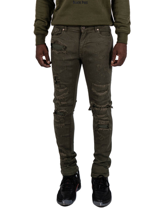 OGDEN | Slim Skinny Ripped Torn Stitched Patched Urban Streetwear Designer Denim Jeans in Olive