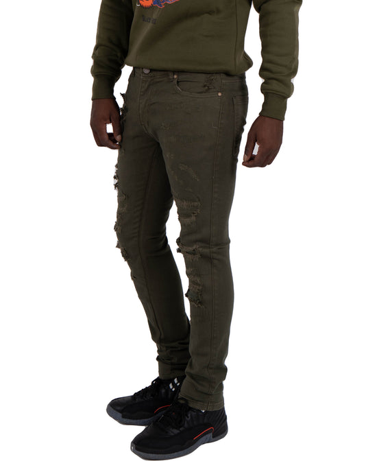 OGDEN | Slim Skinny Ripped Torn Stitched Patched Urban Streetwear Designer Denim Jeans in Olive