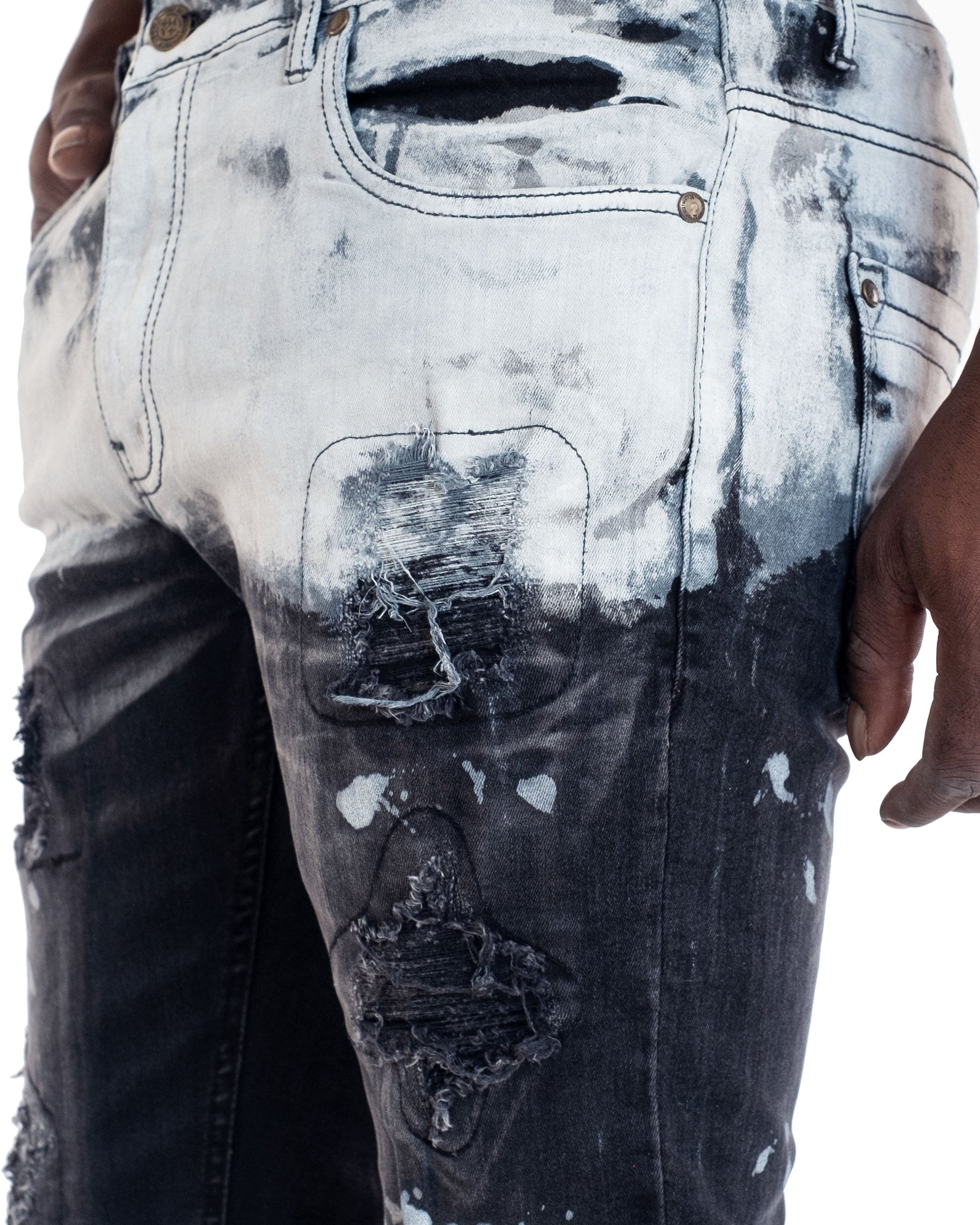 CLARK | Men's Slim Fit White Paint Washed Denim Rip & Repair in Black Stonewash