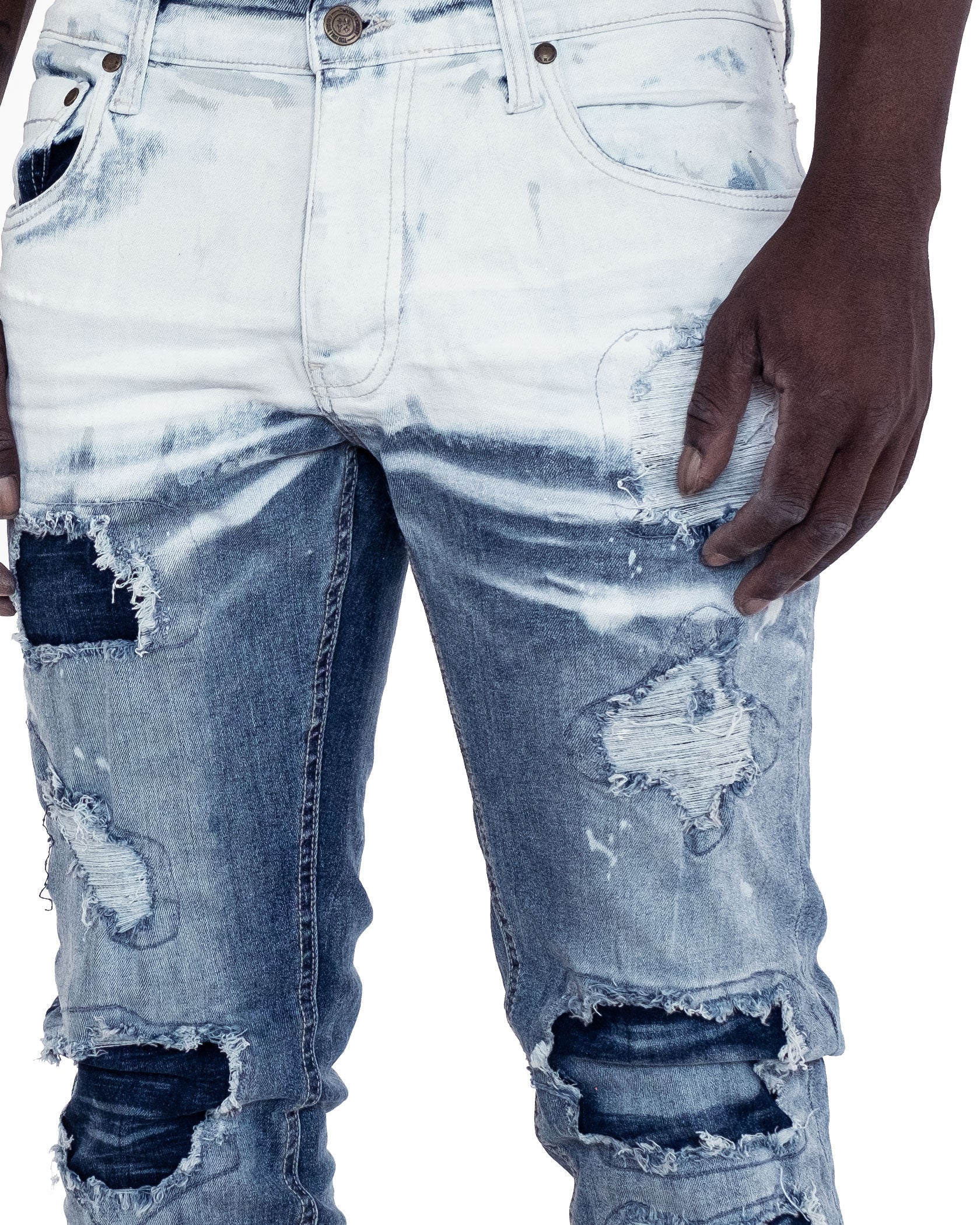 WILLOW | Men's Slim Fit White Paint Washed Denim Rip & Repair in Black Stonewash