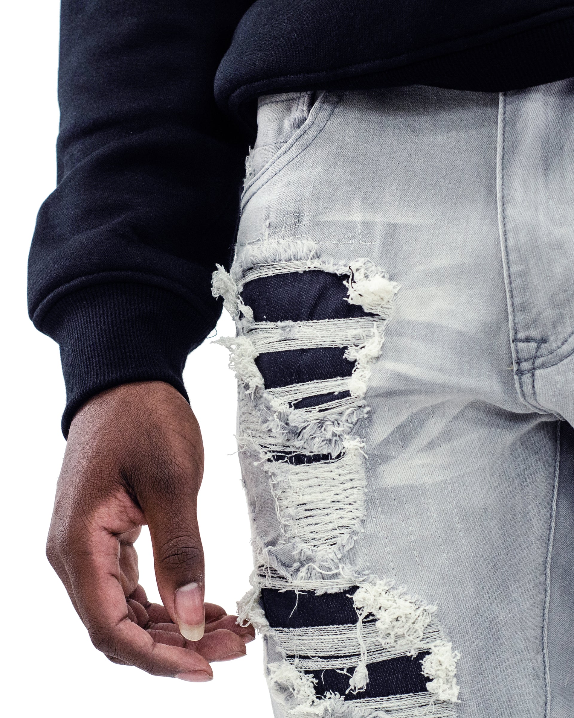 BALLARD | Two Tone Rip & Repair Skinny Fit Denim Moto Jeans in Grey