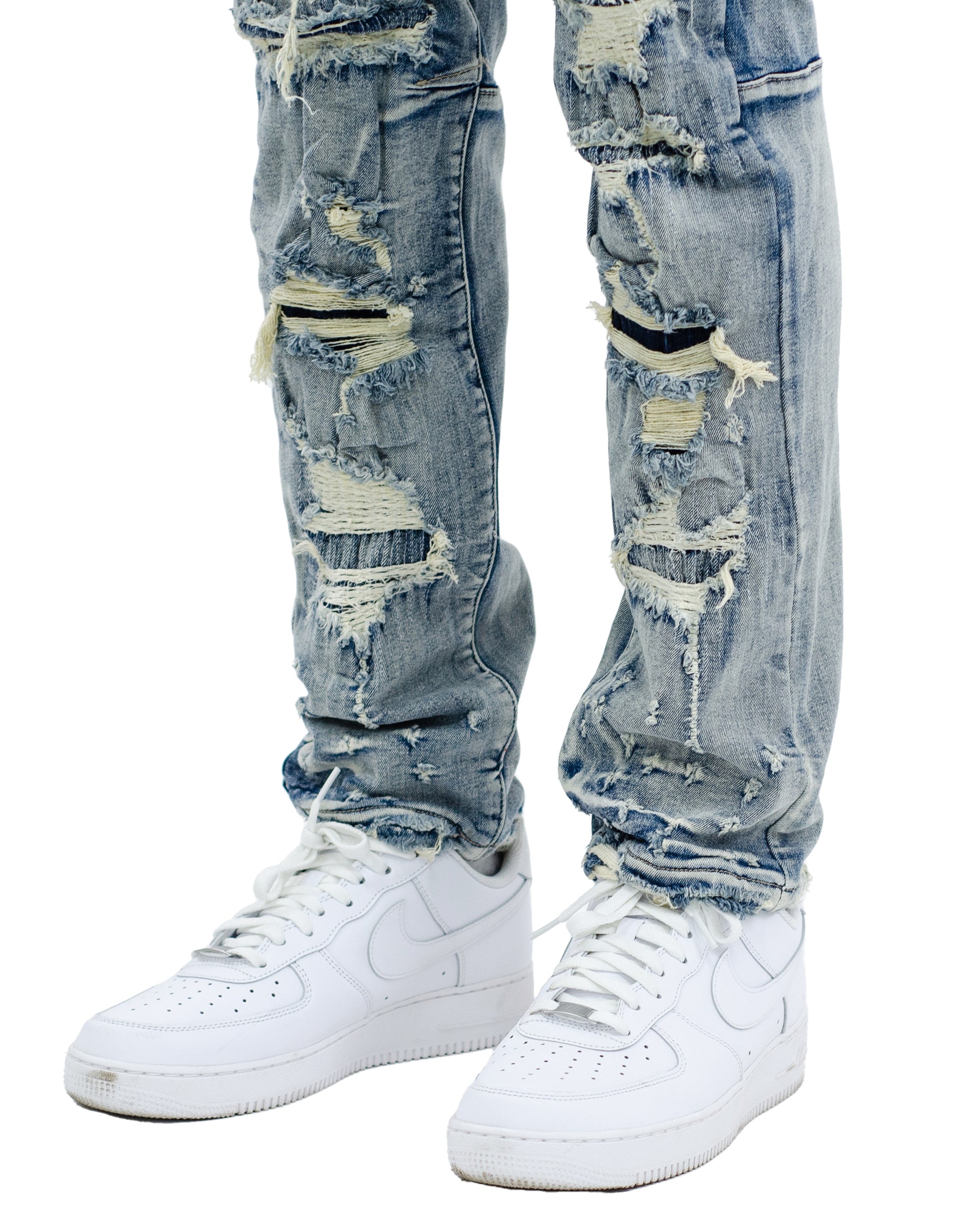 WRIGLEY | Rip Torn Destroyed Skinny Denim Jeans in Aspen Blue