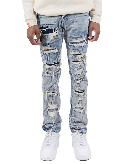 WRIGLEY | Rip Torn Destroyed Skinny Denim Jeans in Aspen Blue