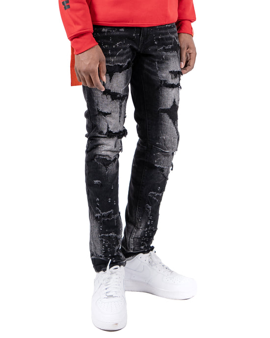 TOUHY | White Paint Splatter Rip & Repair Skinny Fit Urban Denim Jeans in Black