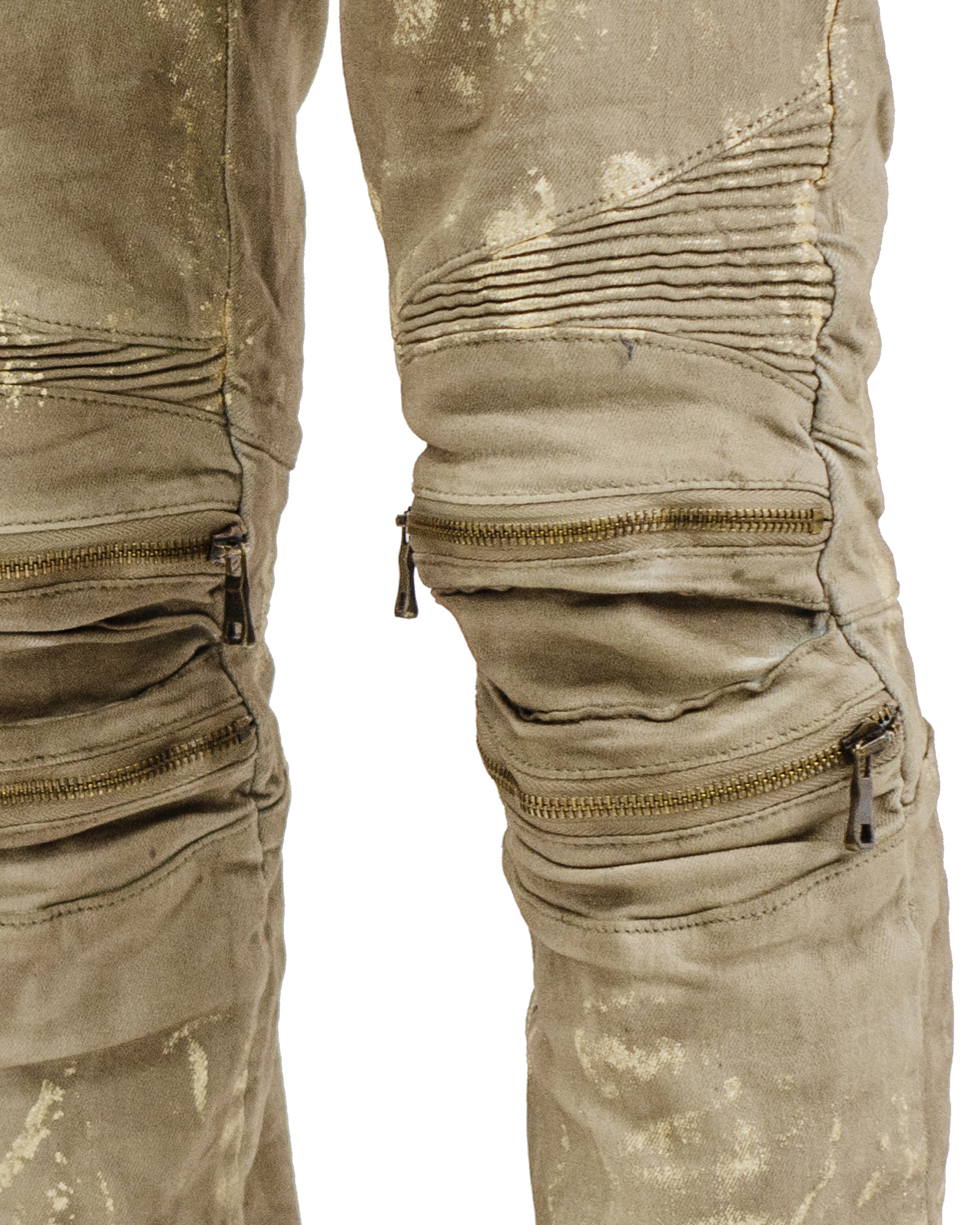 CICERO | Distressed Paint Splatter Zip Knee Slim Fit Urban Moto Denim Jeans in Hazelnut