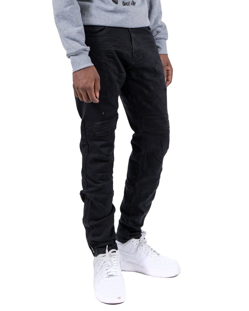 CENTRAL | Ankle Zipper Multi Seam Skinny Moto Denim Jeans in Jet Black