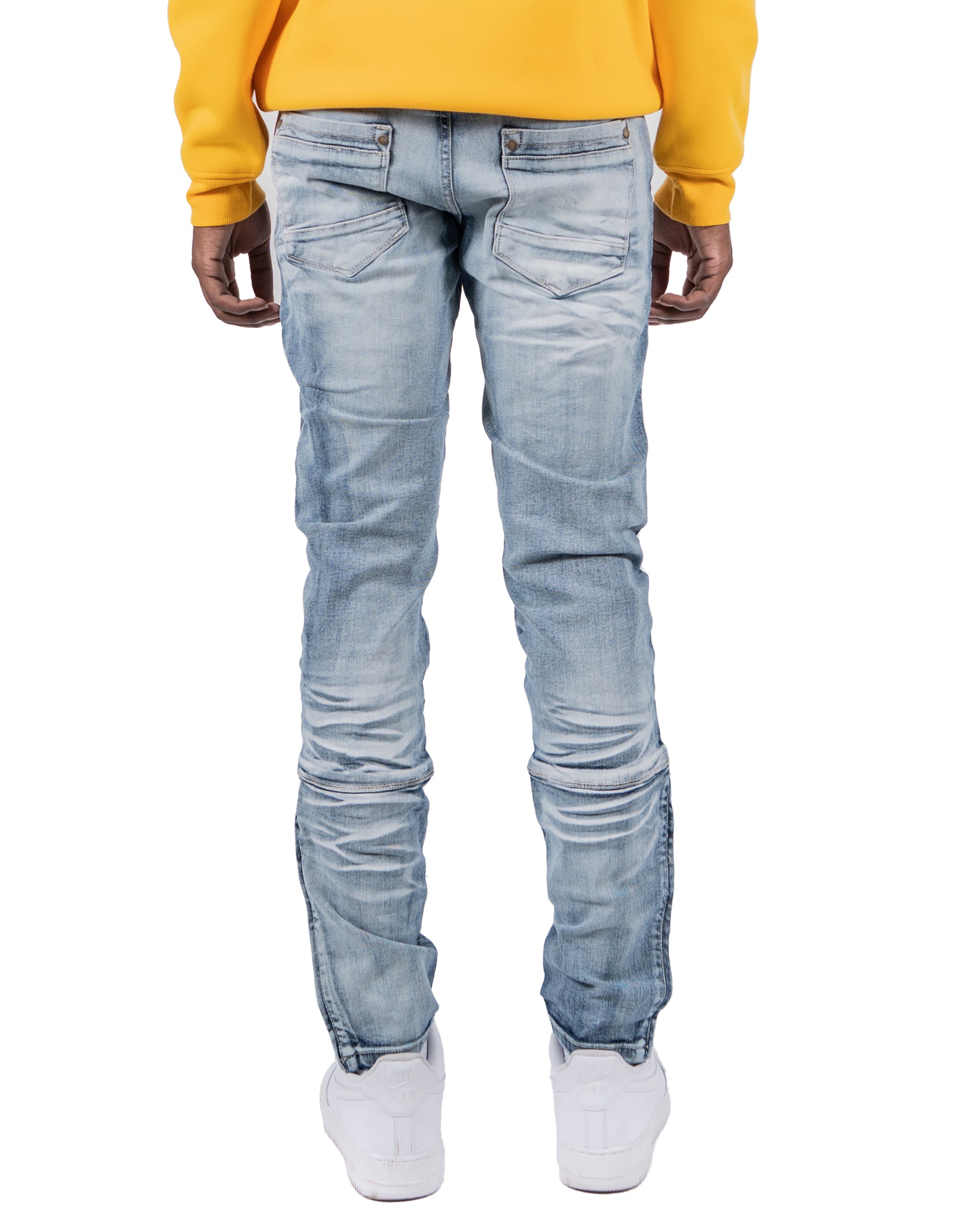 RAVENSWOOD | Ankle Zipper Multi Seam Skinny Moto Denim Jeans in Acid Wash