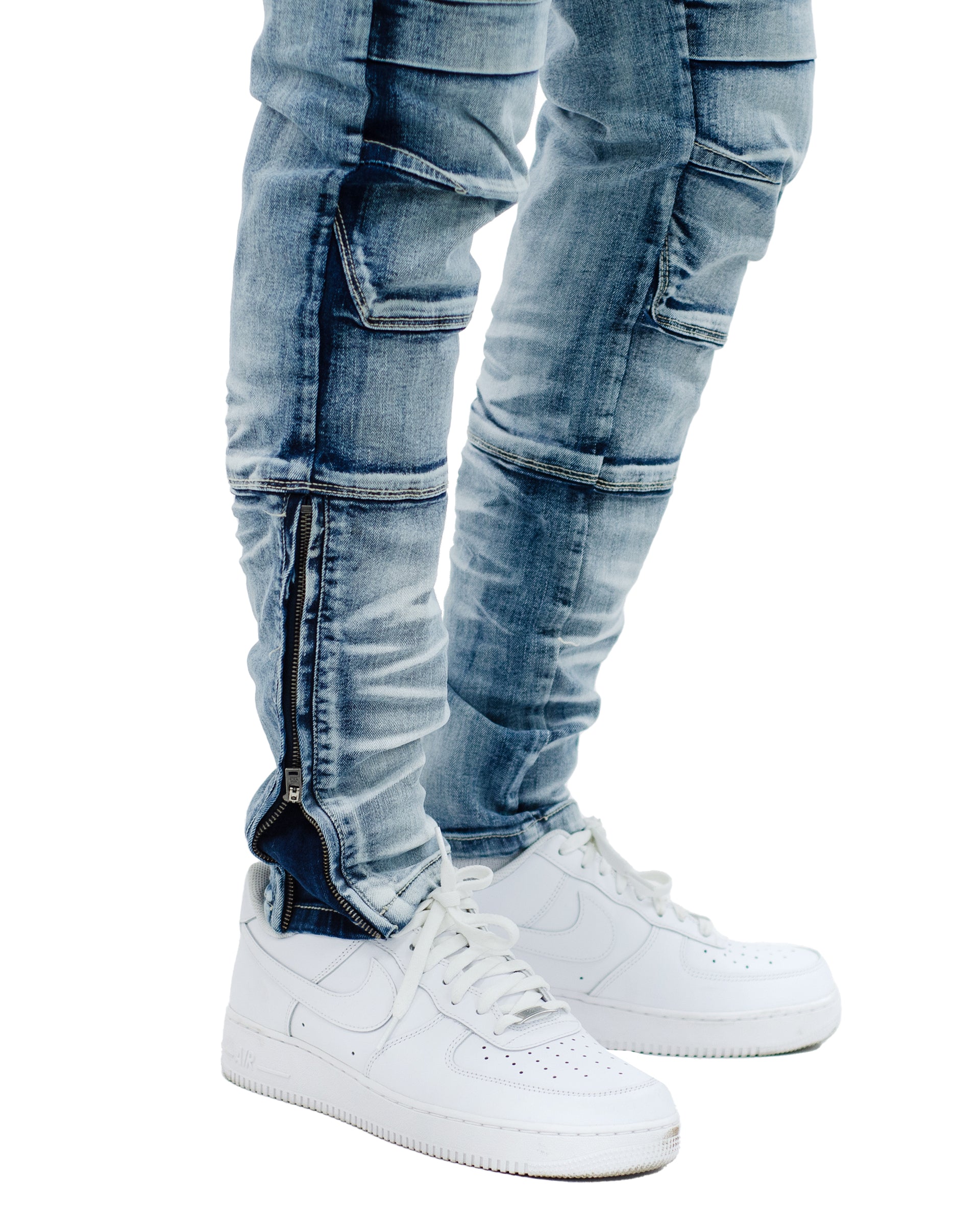 RAVENSWOOD | Ankle Zipper Multi Seam Skinny Moto Denim Jeans in Acid Wash