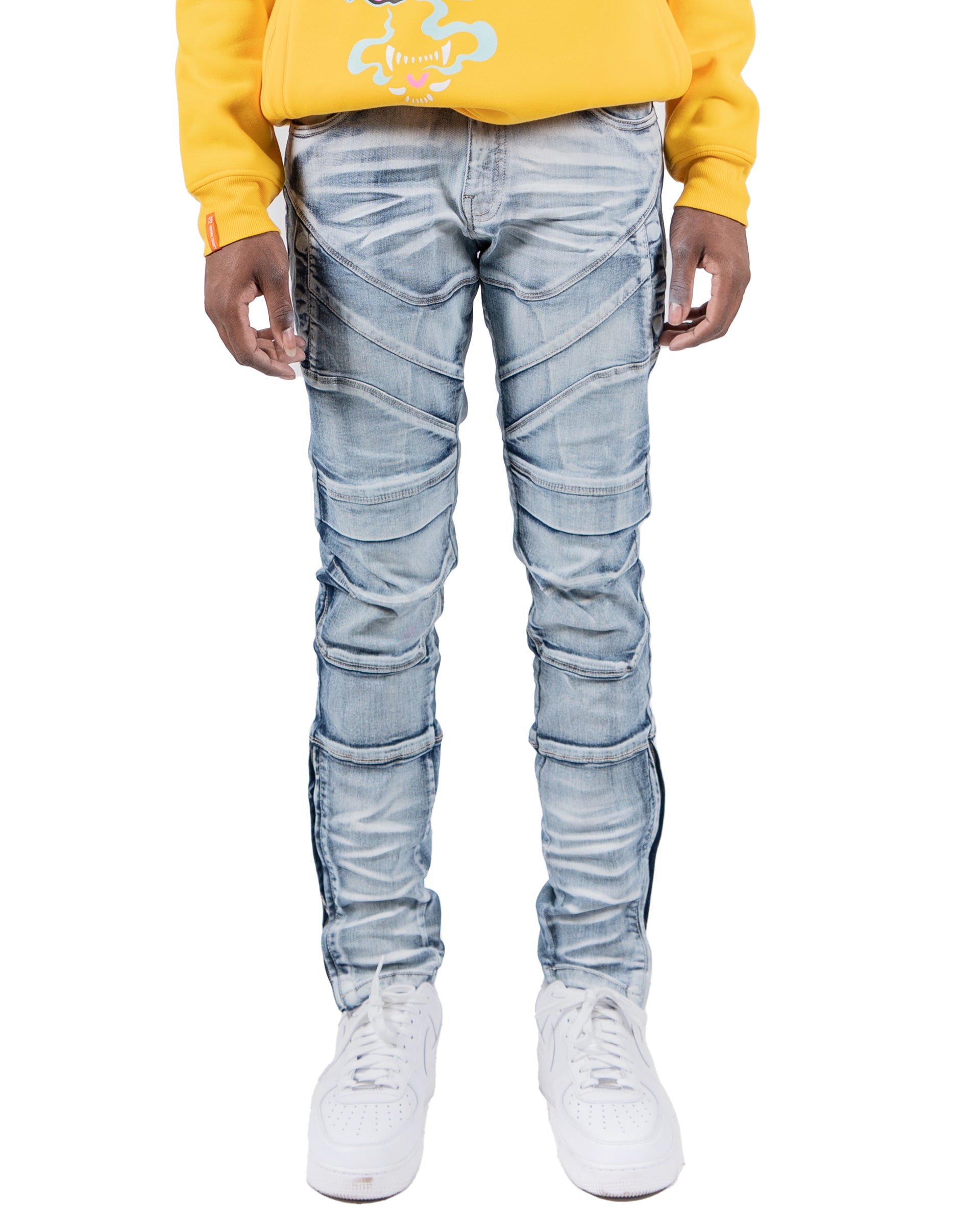 RAVENSWOOD | Ankle Zipper Multi Seam Skinny Moto Denim Jeans in Acid Wash